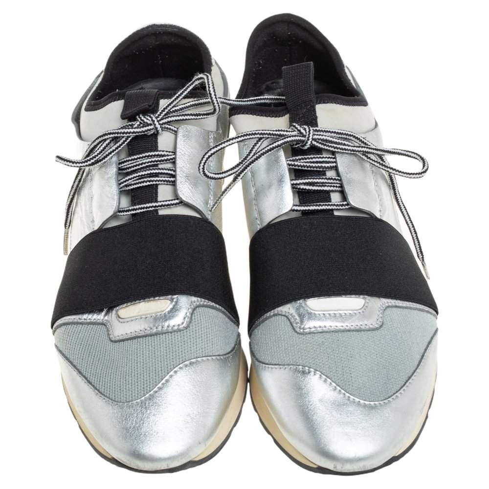 Balenciaga Silver Leather And Knit Fabric Race Runner Low Top Sneakers Size 38 In Good Condition In Dubai, Al Qouz 2
