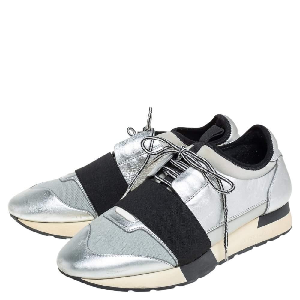 Women's Balenciaga Silver Leather And Knit Fabric Race Runner Low Top Sneakers Size 38