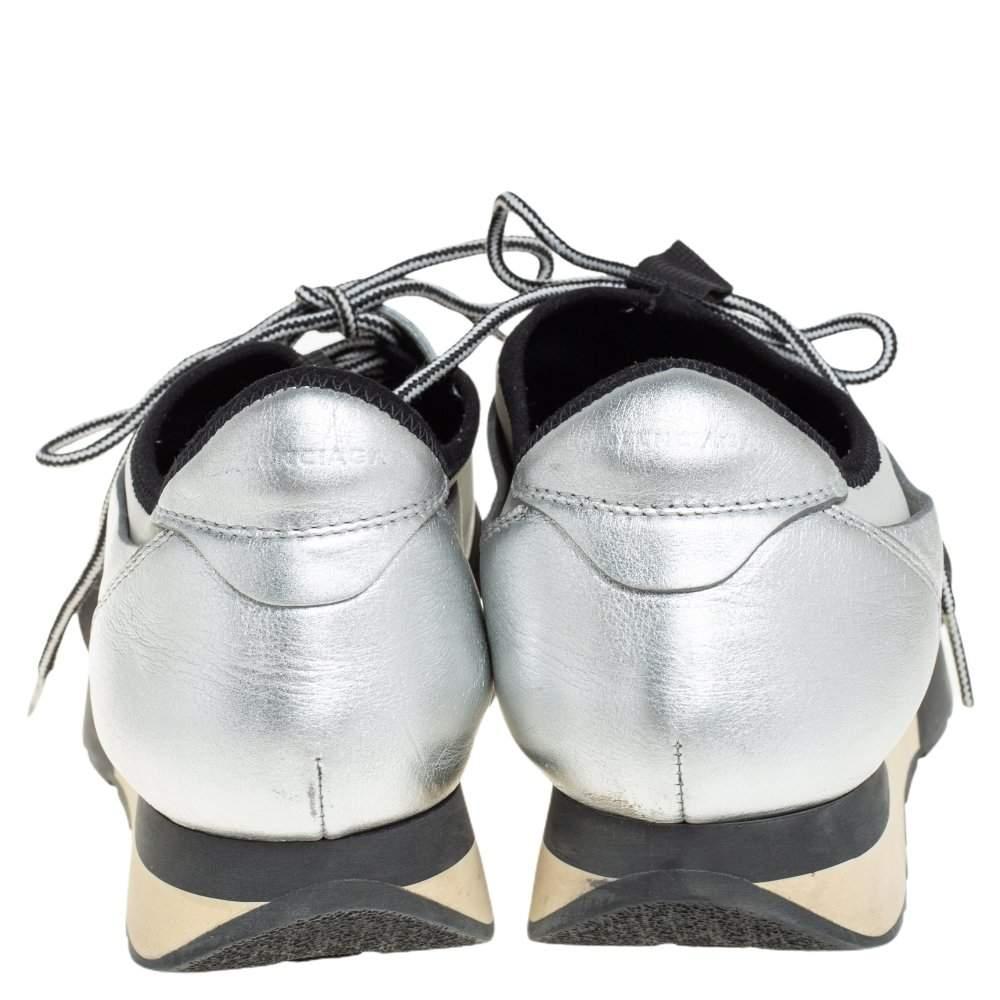 Balenciaga Silver Leather And Knit Fabric Race Runner Low Top Sneakers Size 38 1