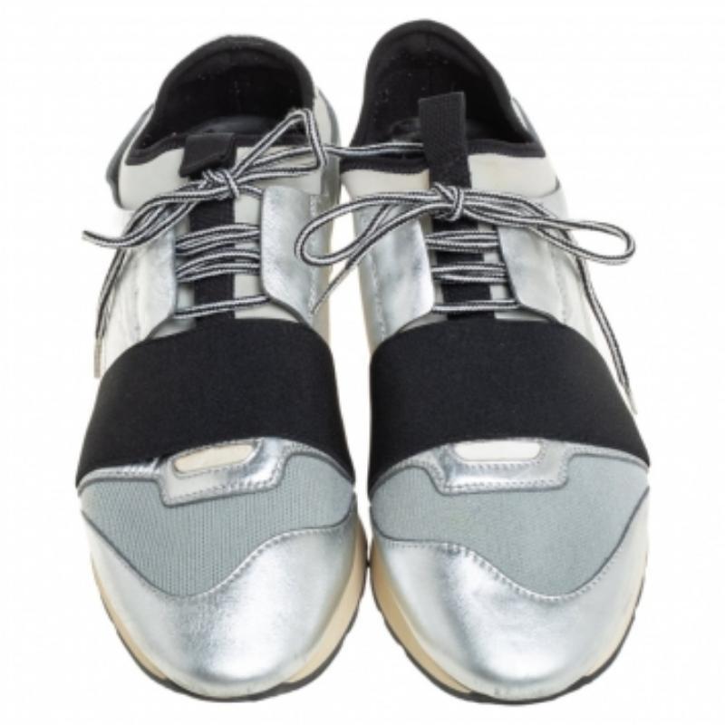 Balenciaga Silver Leather And Knit Fabric Race Runner Low Top Sneakers Size 38 For Sale 1