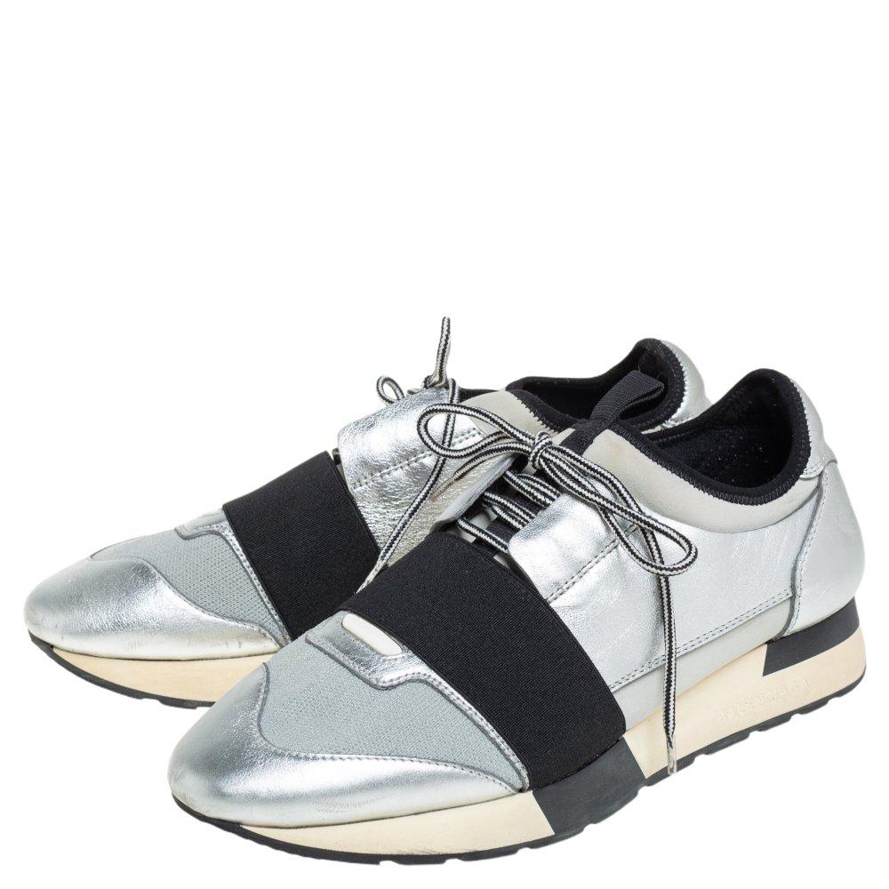 Balenciaga Silver Leather And Knit Fabric Race Runner Low Top Sneakers Size  38 For Sale at 1stDibs