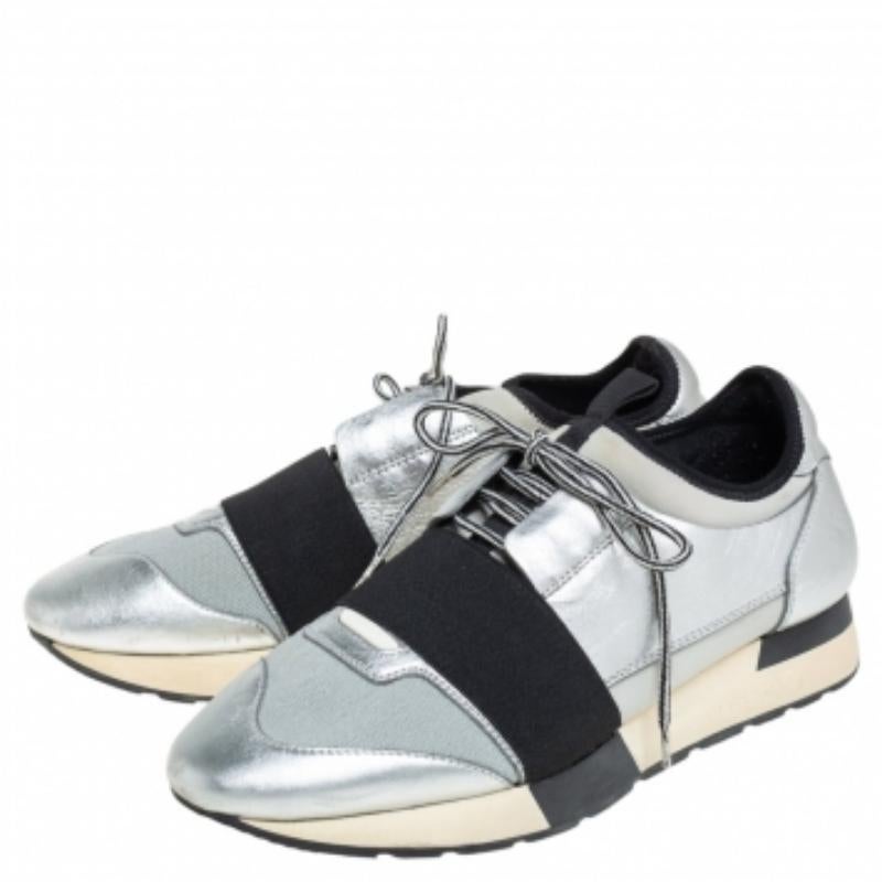 Balenciaga Silver Leather And Knit Fabric Race Runner Low Top Sneakers Size 38 For Sale 3
