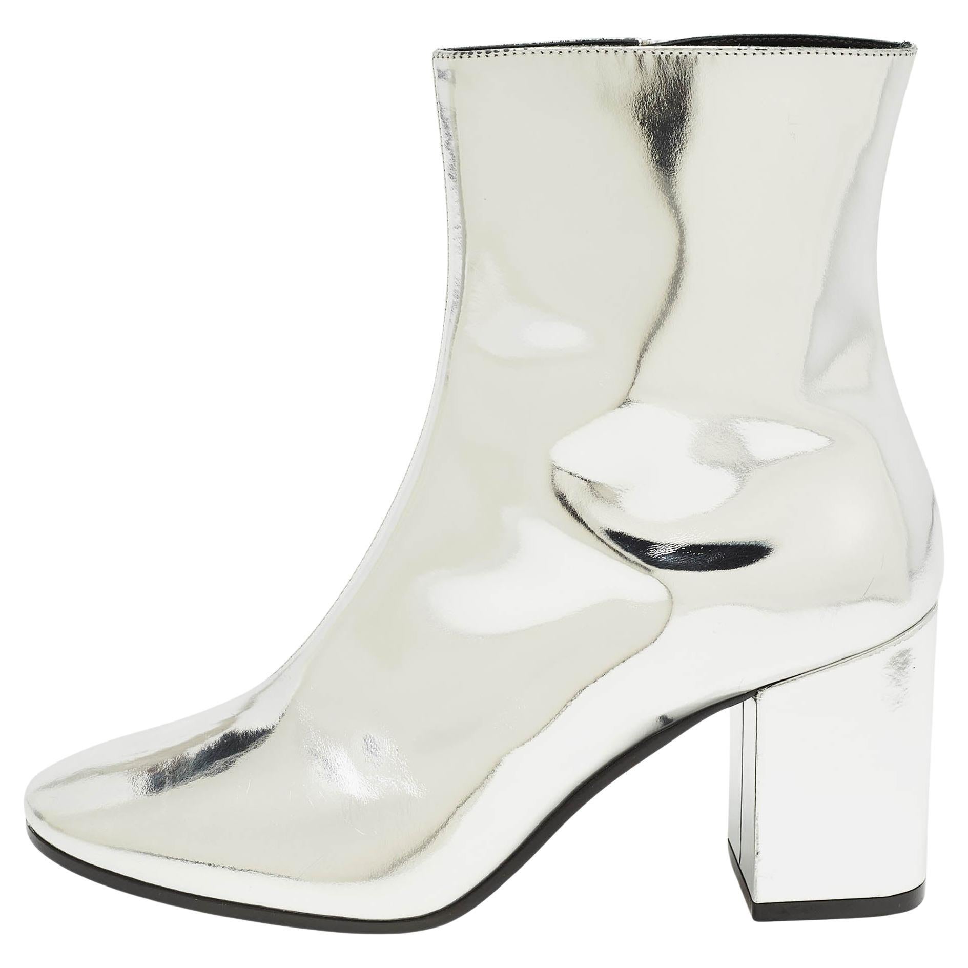 Balenciaga Silver Patent Leather Zip Ankle Boots Size 36 For Sale