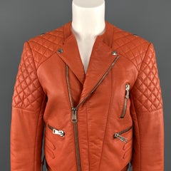 BALENCIAGA Size 10 Orange Quilted Leather Biker Moto Jacket