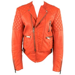 BALENCIAGA - Veste motard en cuir matelassé orange, taille 10