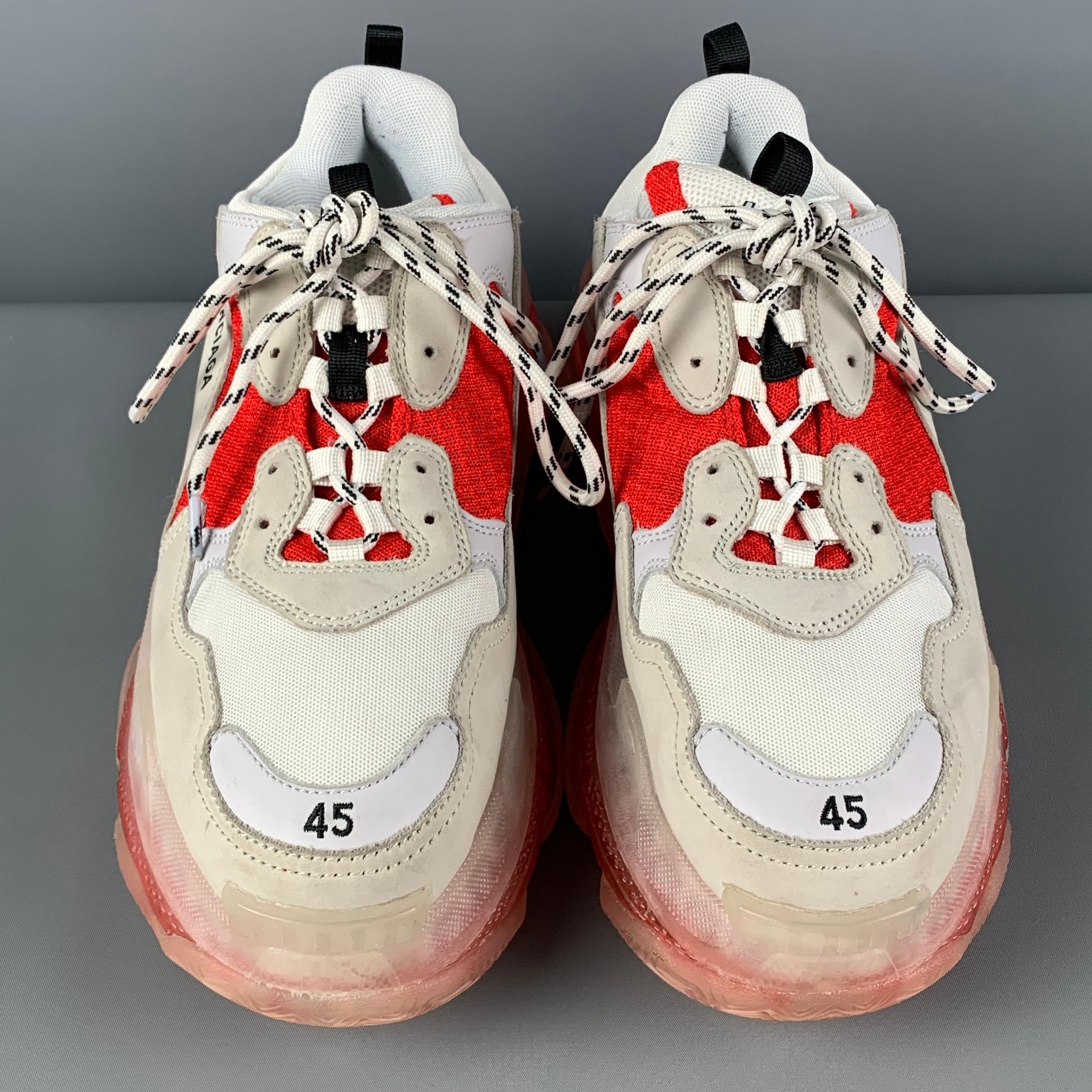 BALENCIAGA Size 12 White Red Mixed Materials Lace Up Triple S Sneakers In Excellent Condition In San Francisco, CA