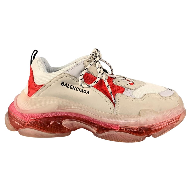 BALENCIAGA Size 12 White Red Mixed Materials Lace Up Triple S Sneakers For  Sale at 1stDibs