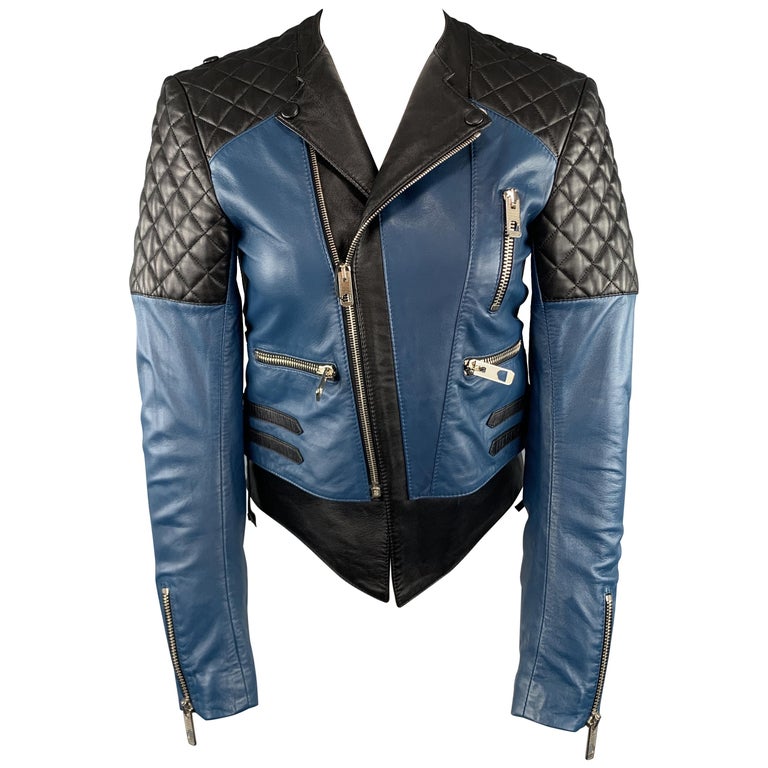 Balenciaga Size 4 Black Teal Blue Quilted Leather Color Block Biker Jacket