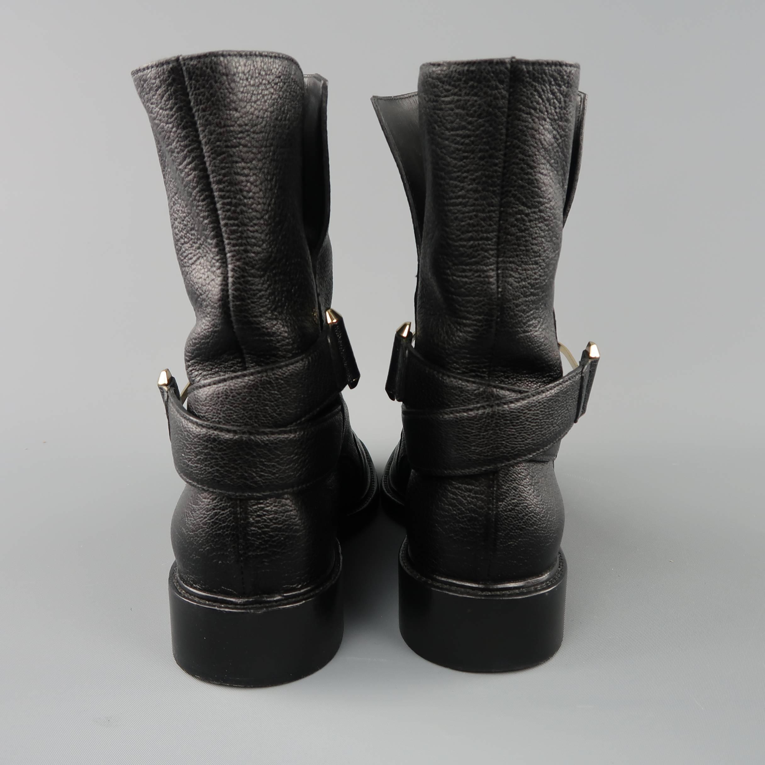 BALENCIAGA Size 7 Black Textured Leather Gold Metal Strap Biker Boots In Excellent Condition In San Francisco, CA