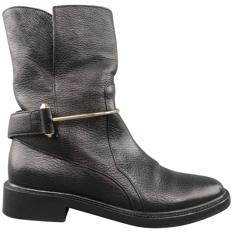 BALENCIAGA Size 7 Black Textured Leather Gold Metal Strap  display picture 1