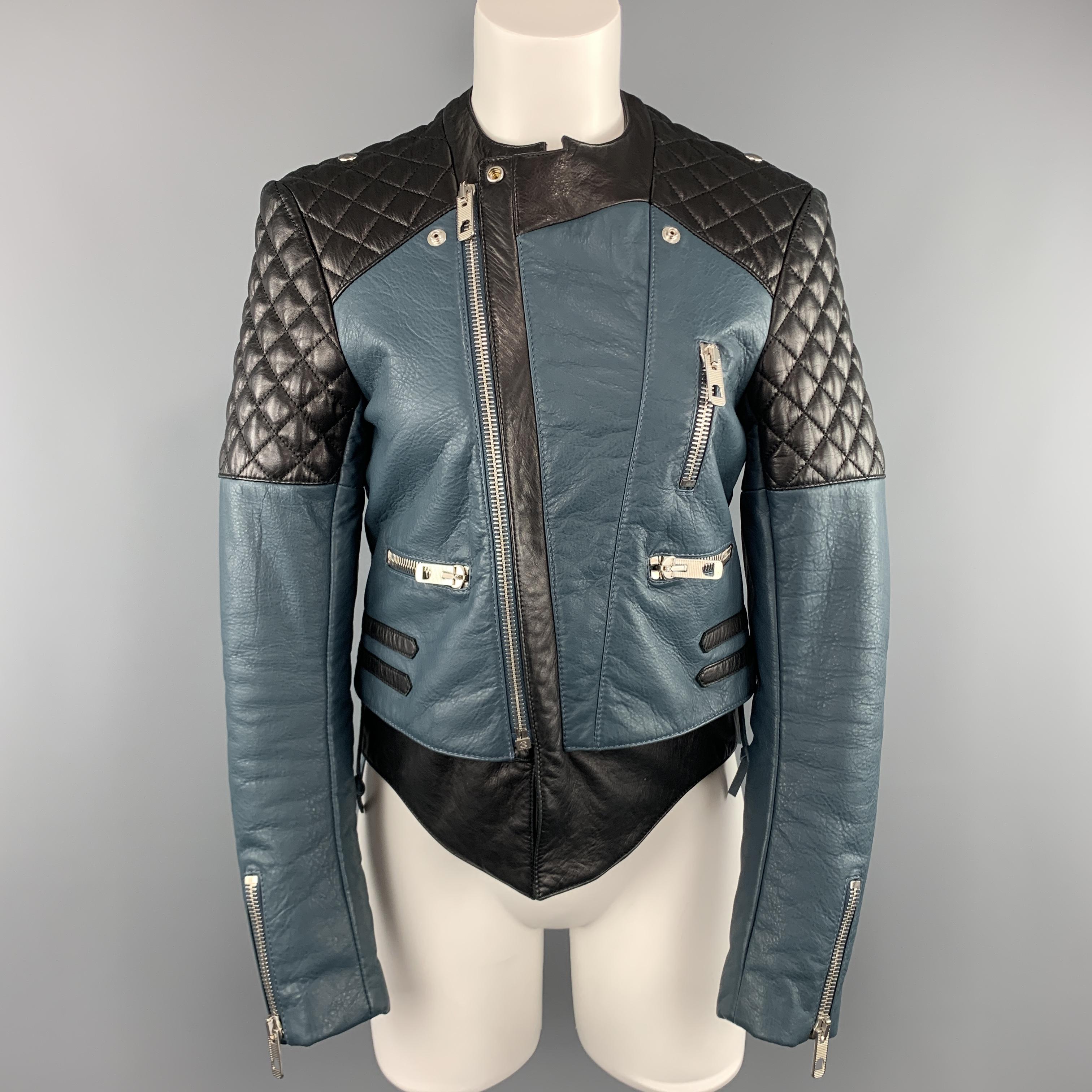 BALENCIAGA Size 8 Black & Blue Color Block Quilted Leather Biker Jacket In Excellent Condition In San Francisco, CA