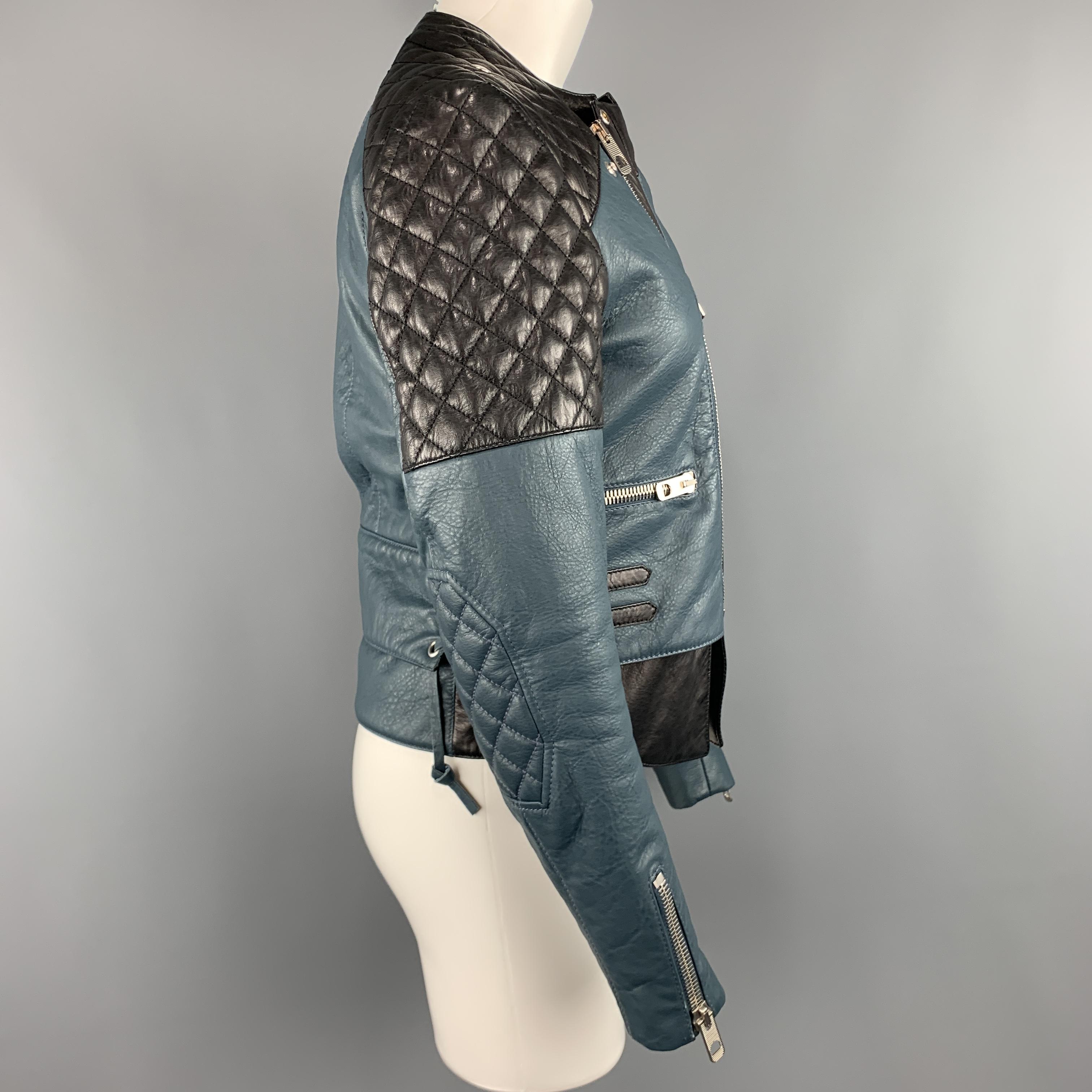 Women's BALENCIAGA Size 8 Black & Blue Color Block Quilted Leather Biker Jacket