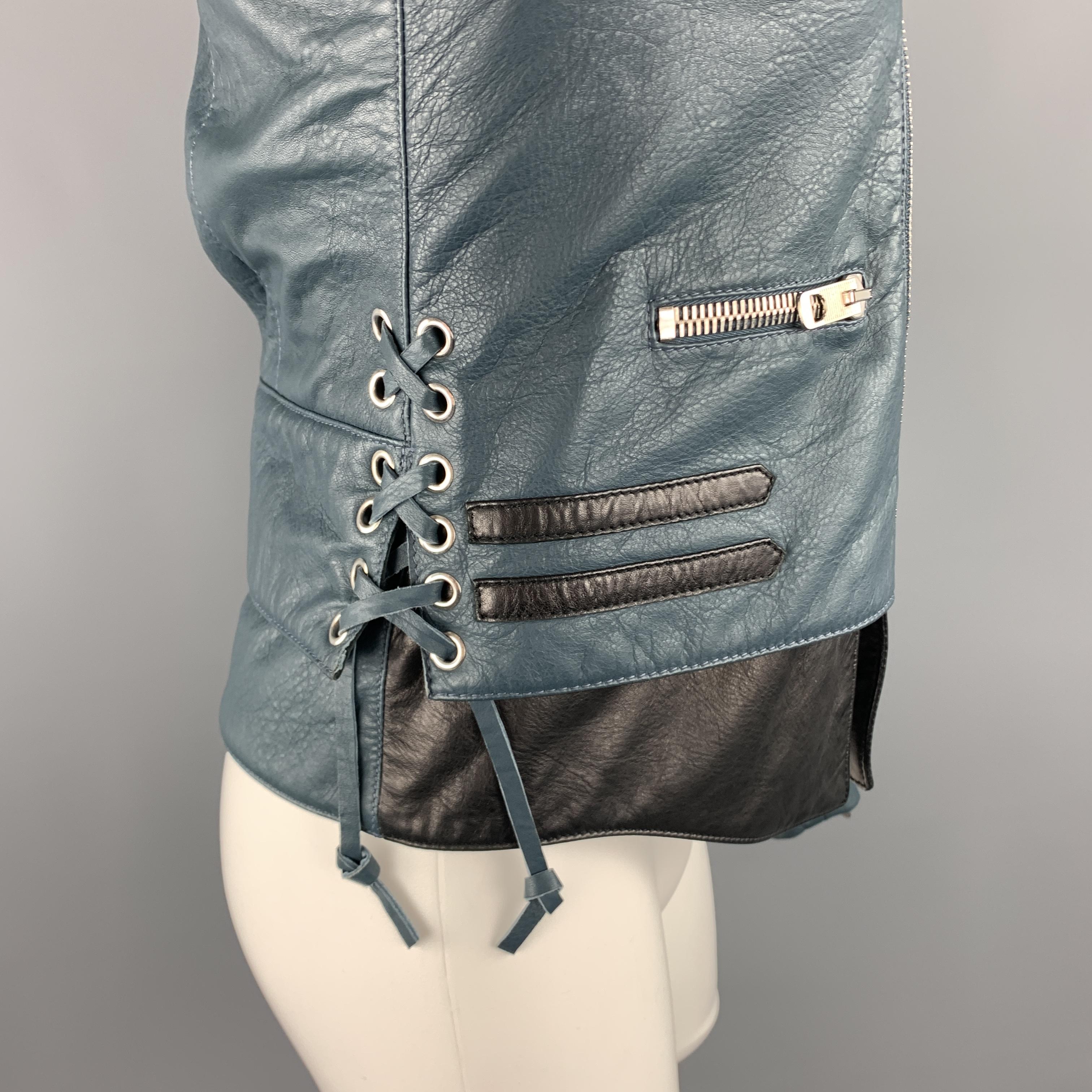 BALENCIAGA Size 8 Black & Blue Color Block Quilted Leather Biker Jacket 1