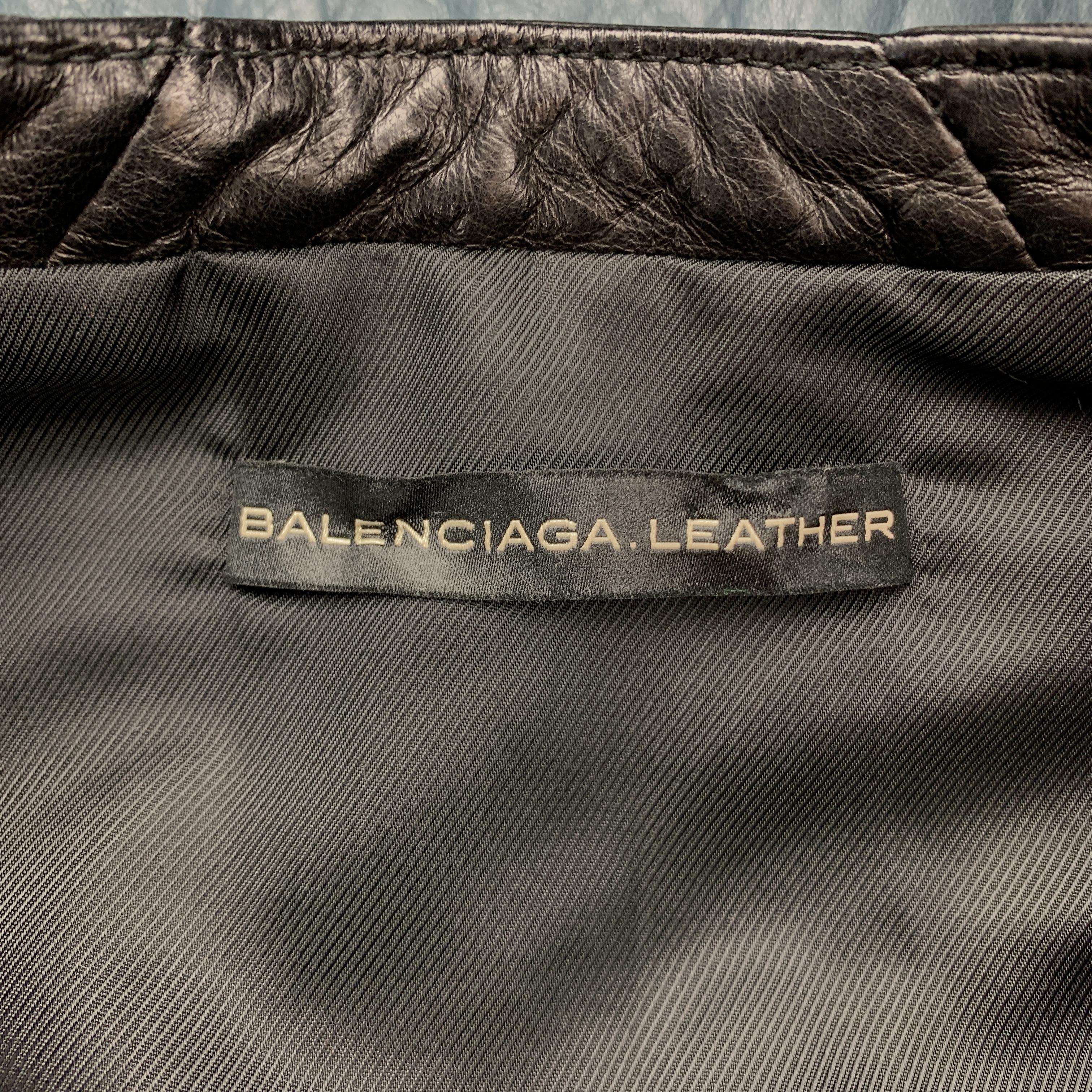 BALENCIAGA Size 8 Black & Blue Color Block Quilted Leather Biker Jacket 3