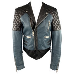 BALENCIAGA Size 8 Black & Blue Color Block Quilted Leather Biker Jacket
