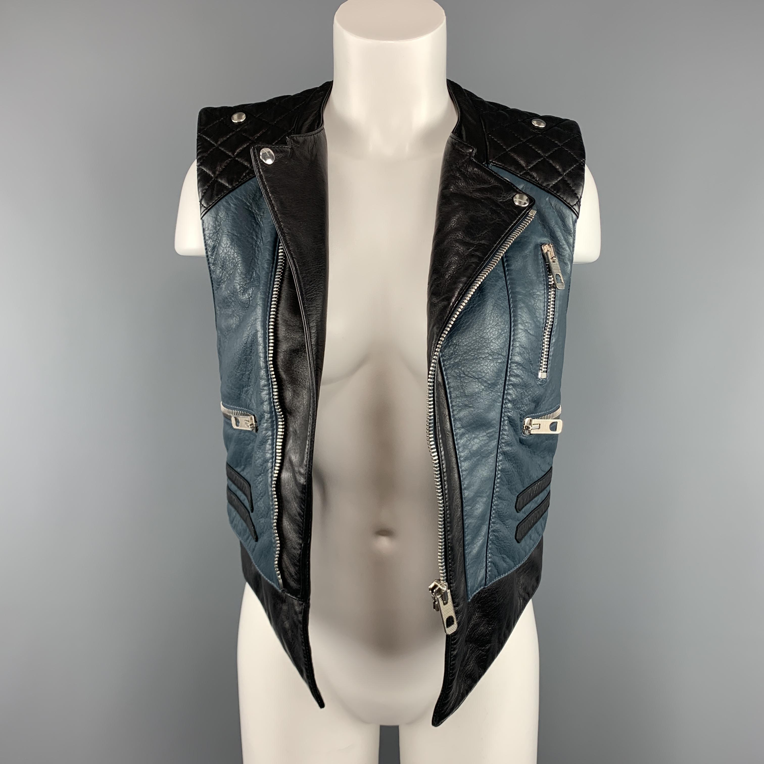 BALENCIAGA Size 8 Black & Teal Blue Quilted Leather Biker Vest In Excellent Condition In San Francisco, CA