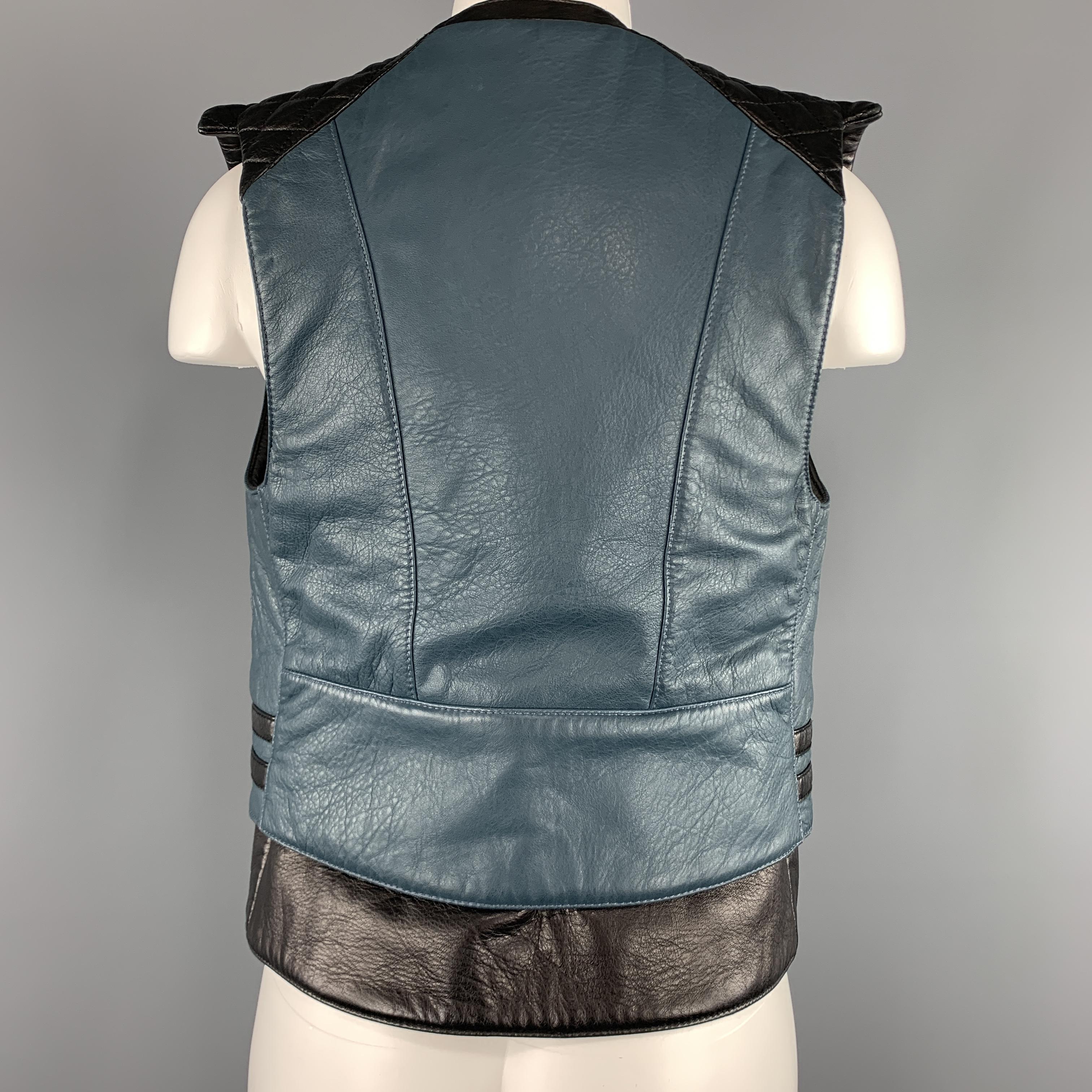 Women's BALENCIAGA Size 8 Black & Teal Blue Quilted Leather Biker Vest