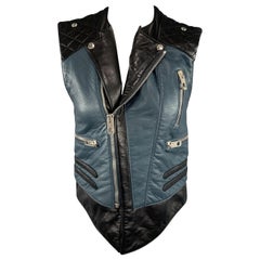 BALENCIAGA - Gilet biker in pelle trapuntata nero e blu verde acqua misura 8