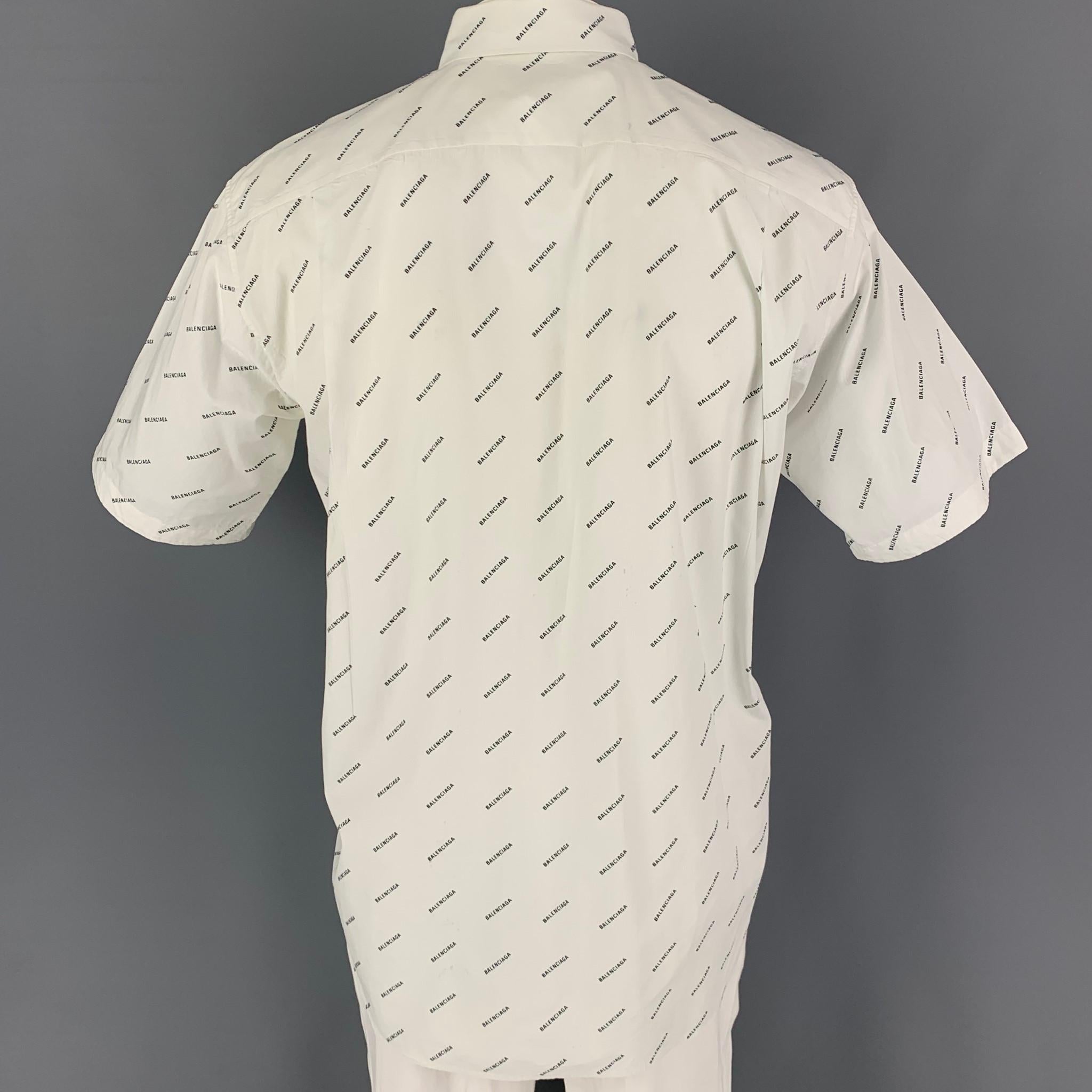 Men's BALENCIAGA Size M White Black Logo Cotton Button Down Short Sleeve Shirt