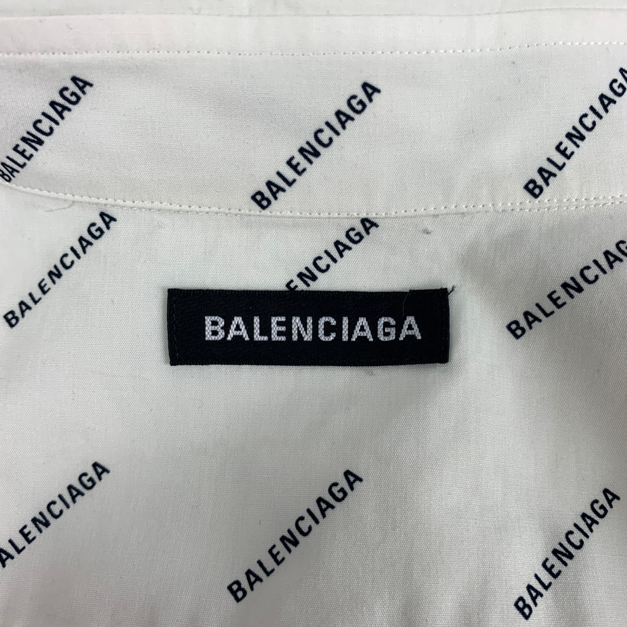 BALENCIAGA Size M White Black Logo Cotton Button Down Short Sleeve Shirt 1