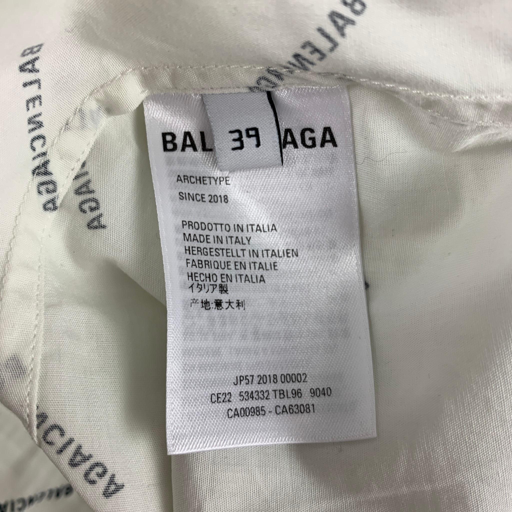 BALENCIAGA Size M White Black Logo Cotton Button Down Short Sleeve Shirt 3