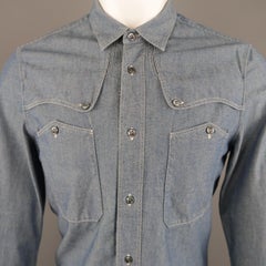 BALENCIAGA Size S Blue Contrast Stitch Chambray Patch Pocket Button Up Shirt