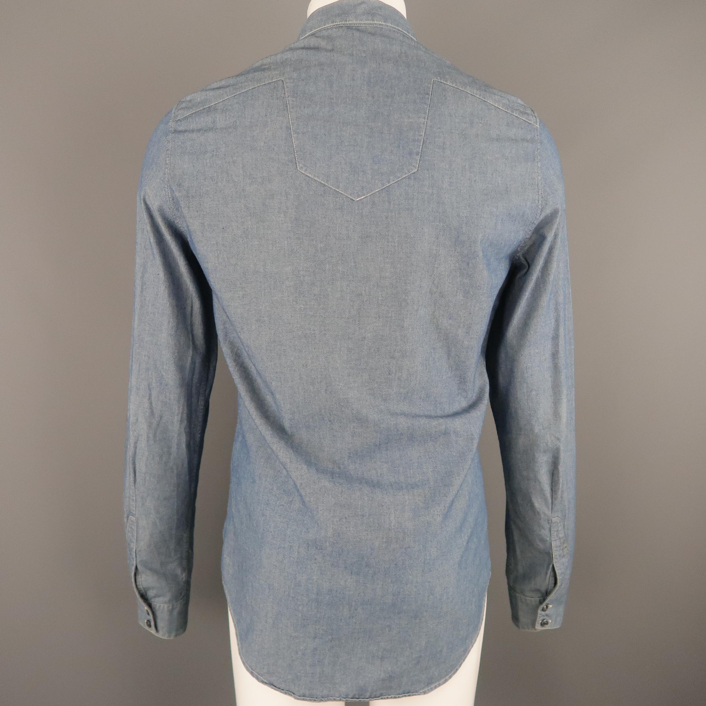 BALENCIAGA Size S Blue Contrast Stitch Chambray Patch Pocket Button Up Shirt 1
