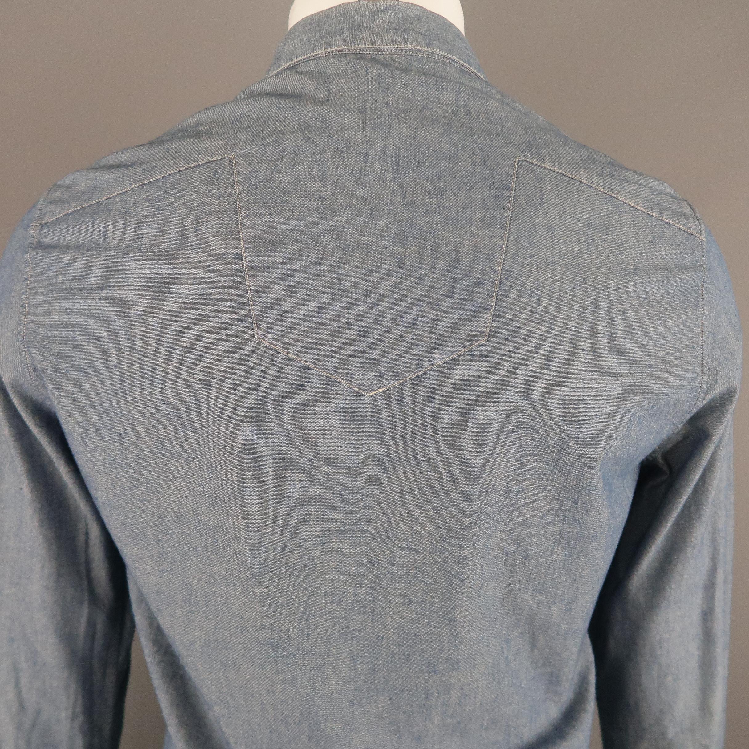 BALENCIAGA Size S Blue Contrast Stitch Chambray Patch Pocket Button Up Shirt 2