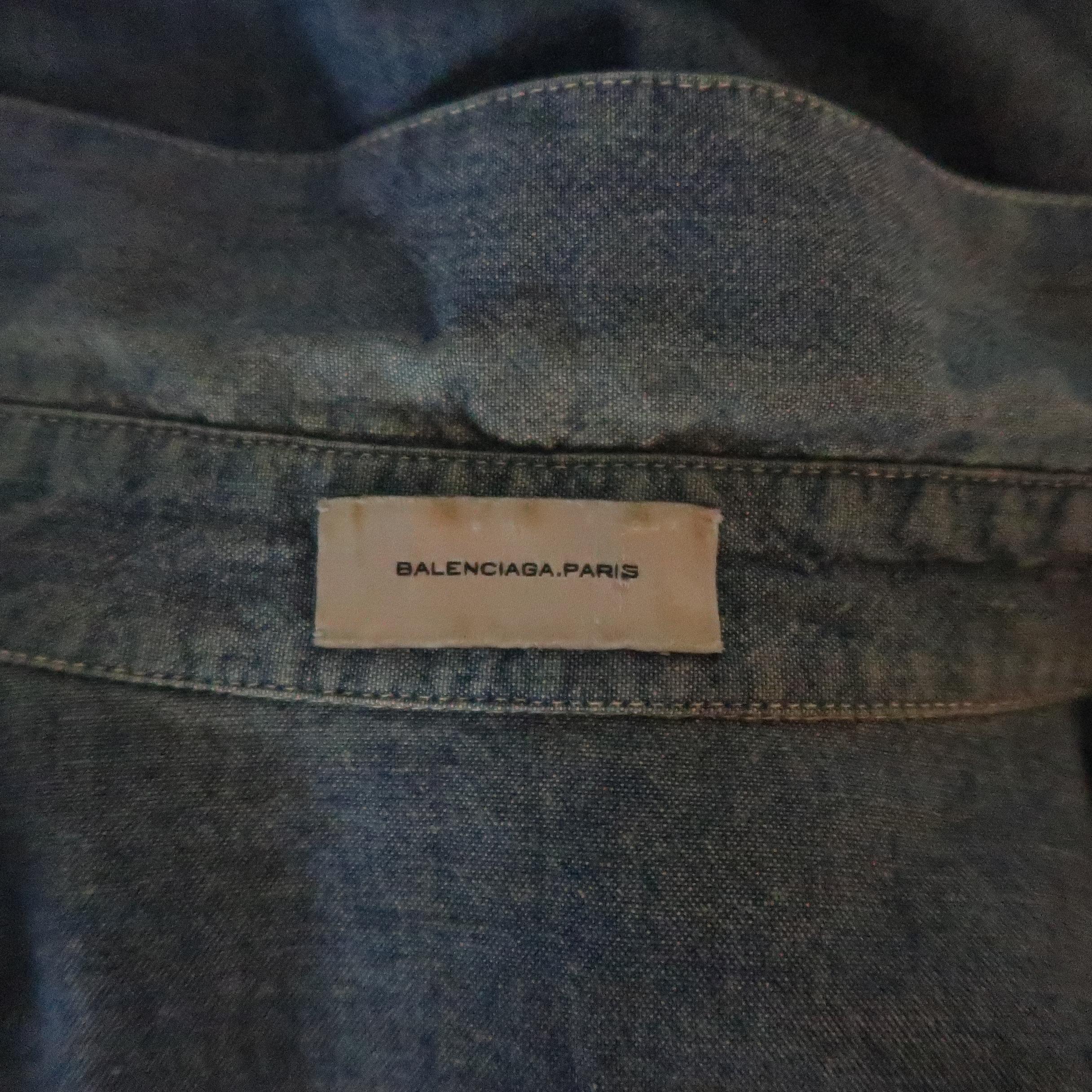 BALENCIAGA Size S Blue Contrast Stitch Chambray Patch Pocket Button Up Shirt 3