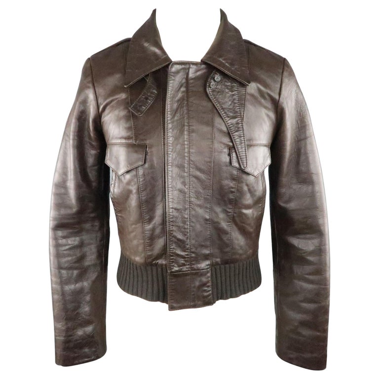 BALENCIAGA Size S Brown Leather Collared Cropped Bomber Jacket at 1stDibs