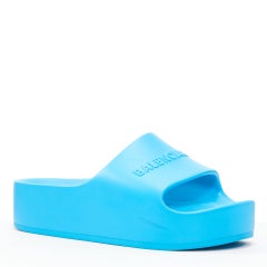 BALENCIAGA sky blue logo embossed rubber platform chunky slides EU38