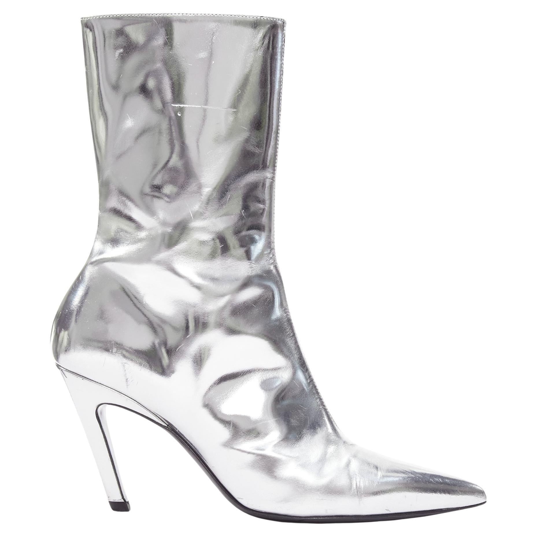 BALENCIAGA Slash 80 silver patent mirrored leather pointy slash heel boots EU36 For Sale at 1stDibs