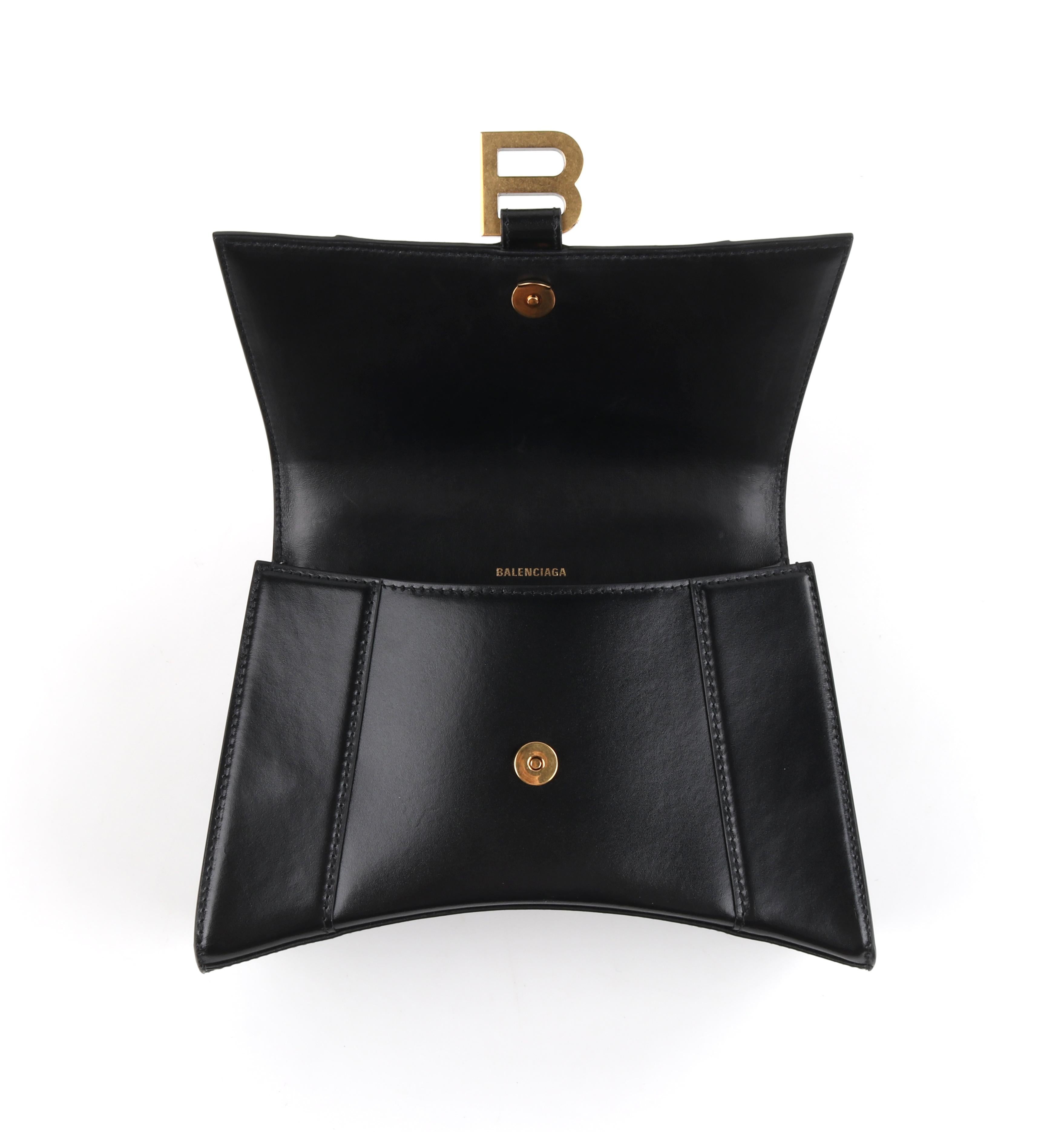 BALENCIAGA Small Black Shiny Calfskin Gold Brass Hardware “Hourglass” Handle Bag In Good Condition In Thiensville, WI