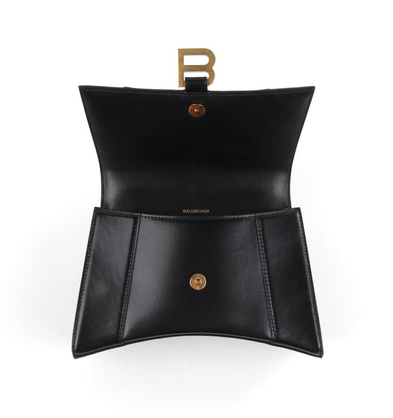 BALENCIAGA Small Black Shiny Calfskin Brass Hardware “Hourglass” Handle Bag 1stDibs