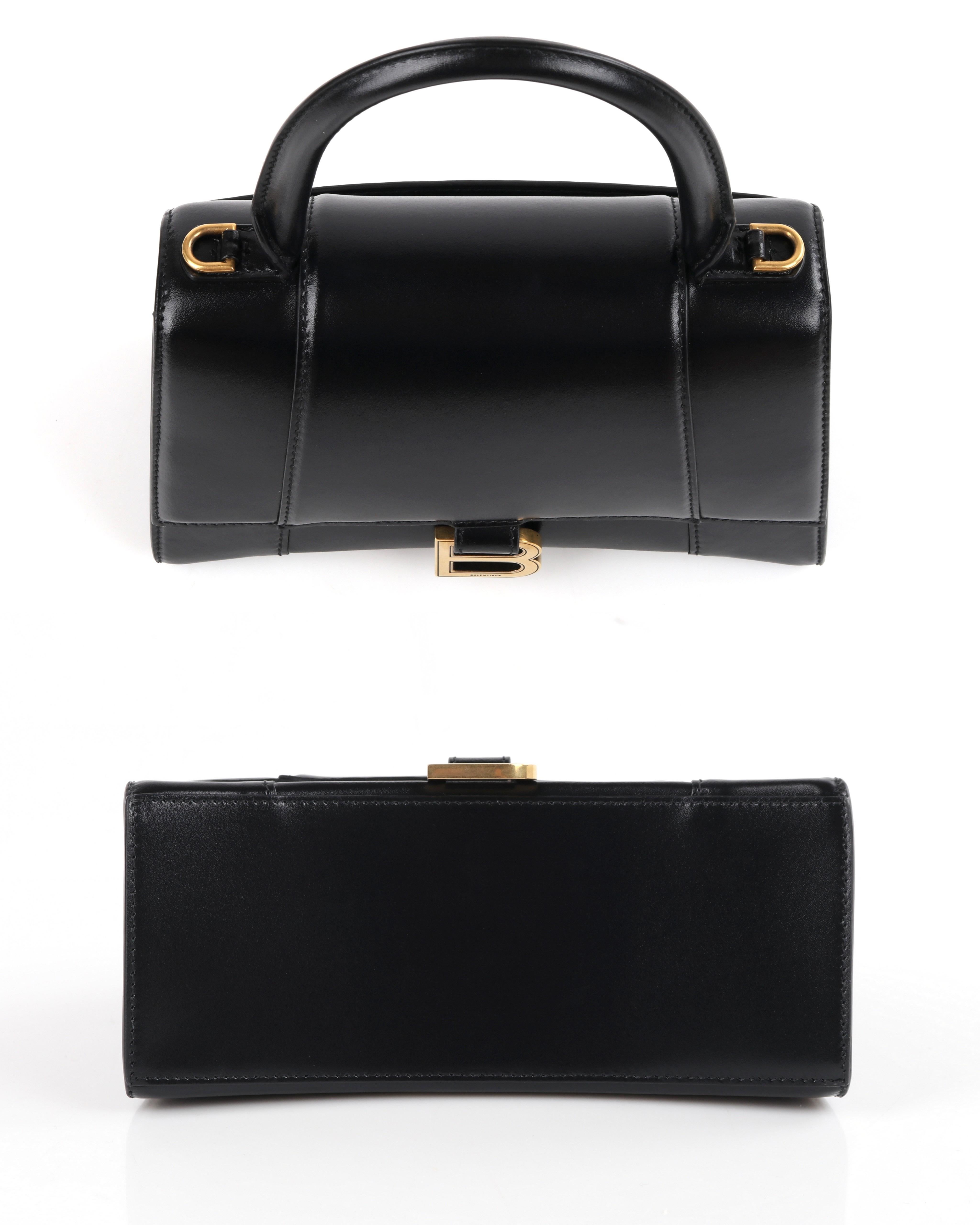 BALENCIAGA Small Black Shiny Calfskin Gold Brass Hardware “Hourglass” Handle Bag 1