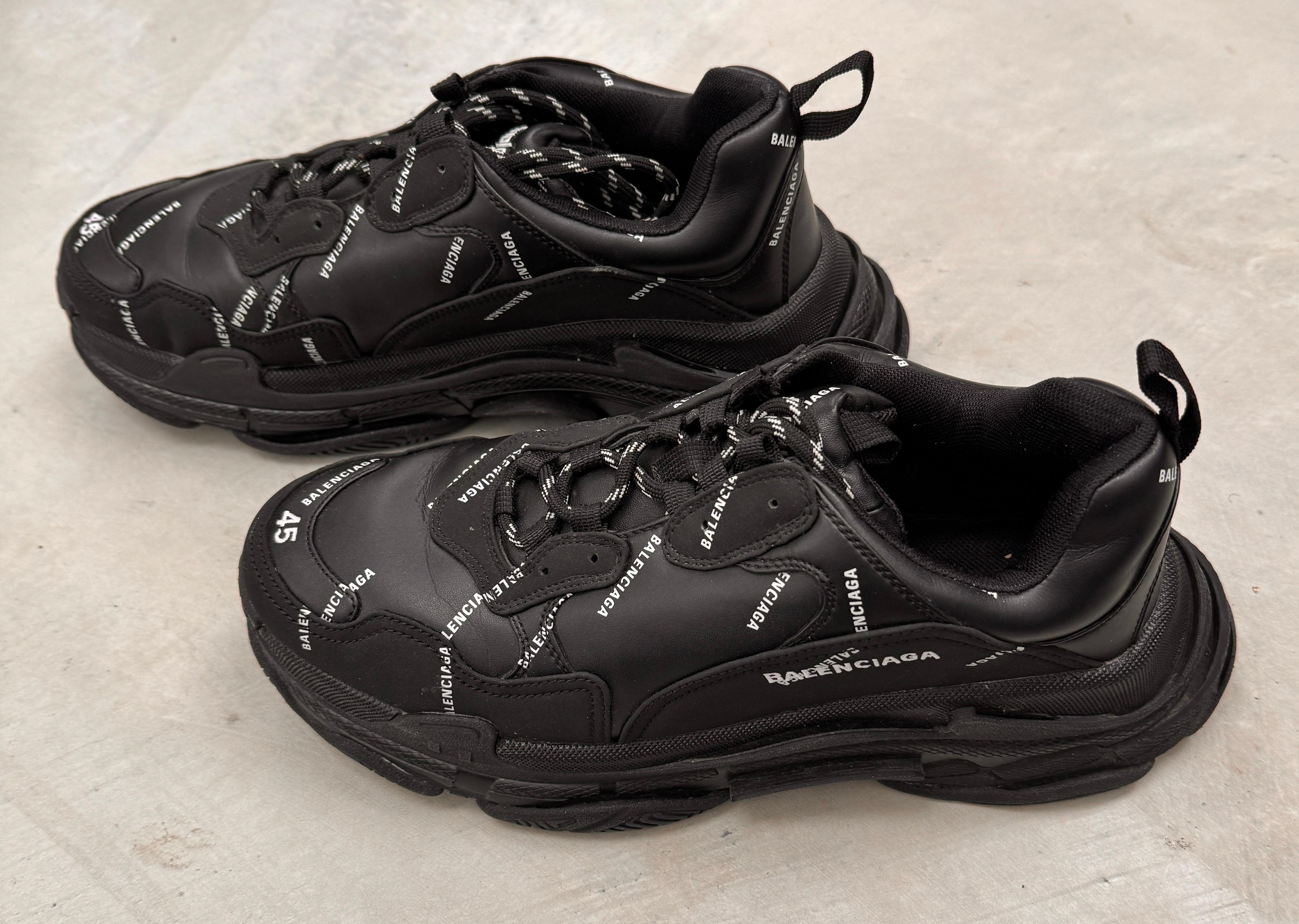 Balenciaga Sneaker Triple S Allover Logo Black White 45 Size 12 Shoes For Sale 1