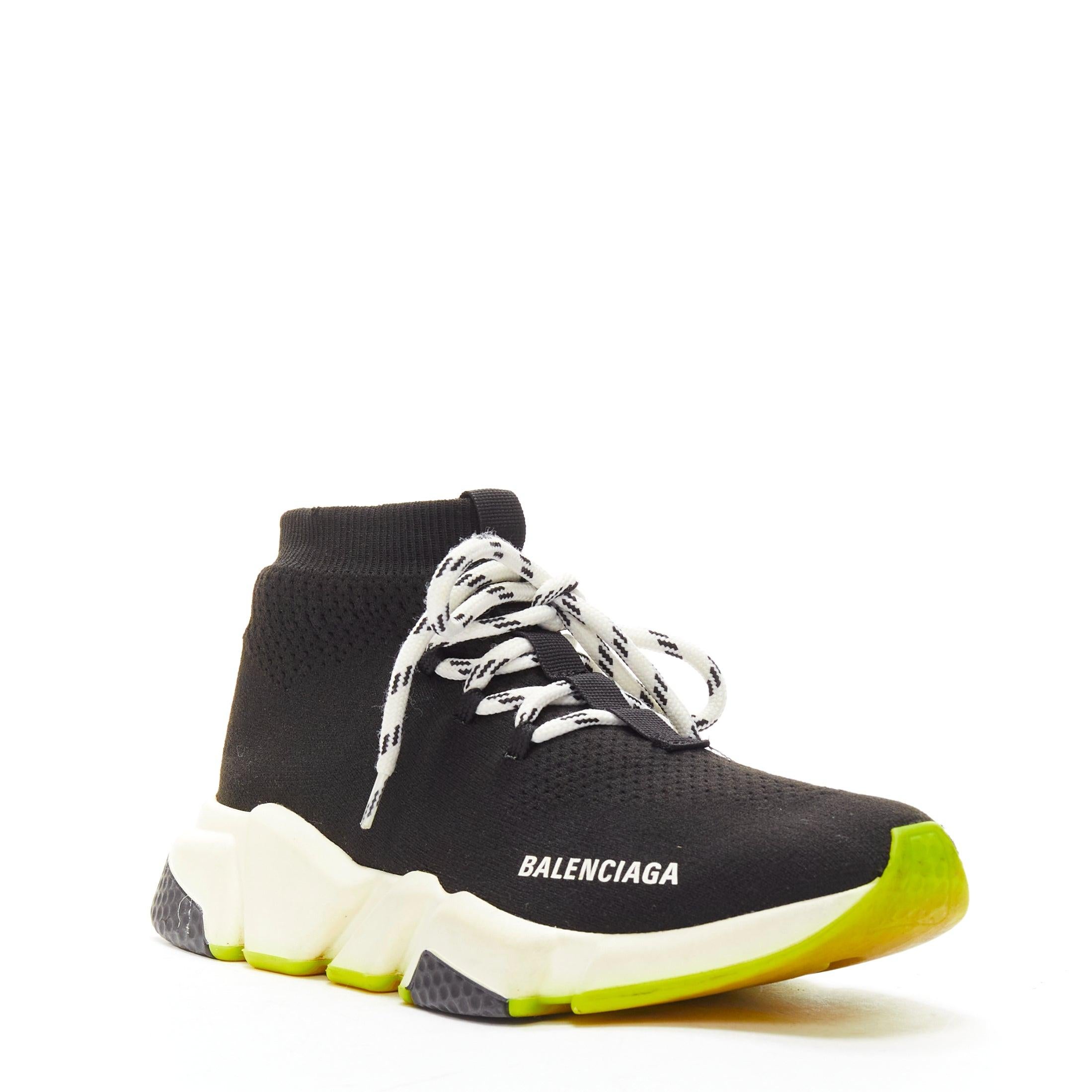 BALENCIAGA Speed black fabric neon yellow sole sock sneakers EU37
Reference: CELE/A00009
Brand: Balenciaga
Designer: Demna
Model: Speed
Material: Fabric
Color: Black, Neon Yellow
Pattern: Solid
Closure: Lace Up
Lining: Black Fabric
Extra Details: