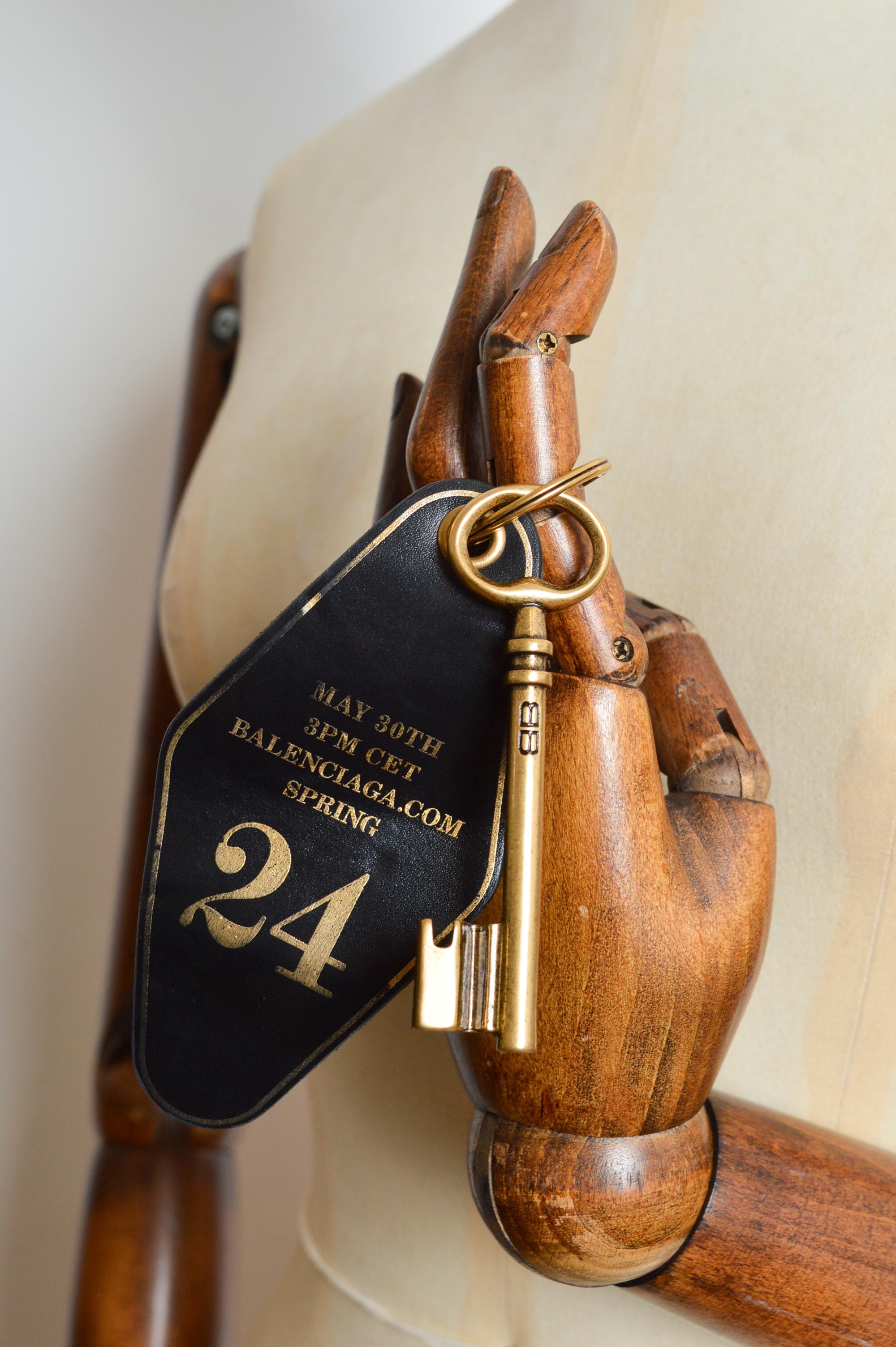 Gray BALENCIAGA Spring 2024 Show Invite Leather Hotel Room Charm Key Ring Bag Charm For Sale