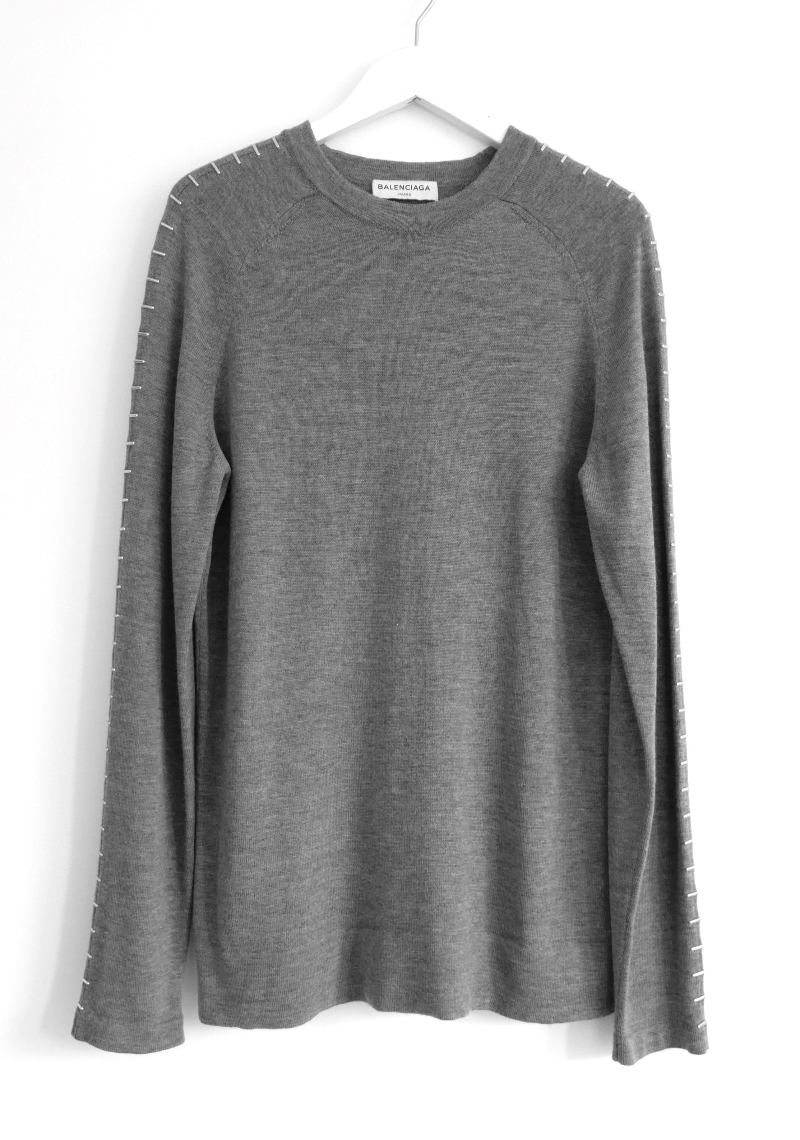 Balenciaga Staple Trim Grey Fine Knit Sweater Jumper For Sale