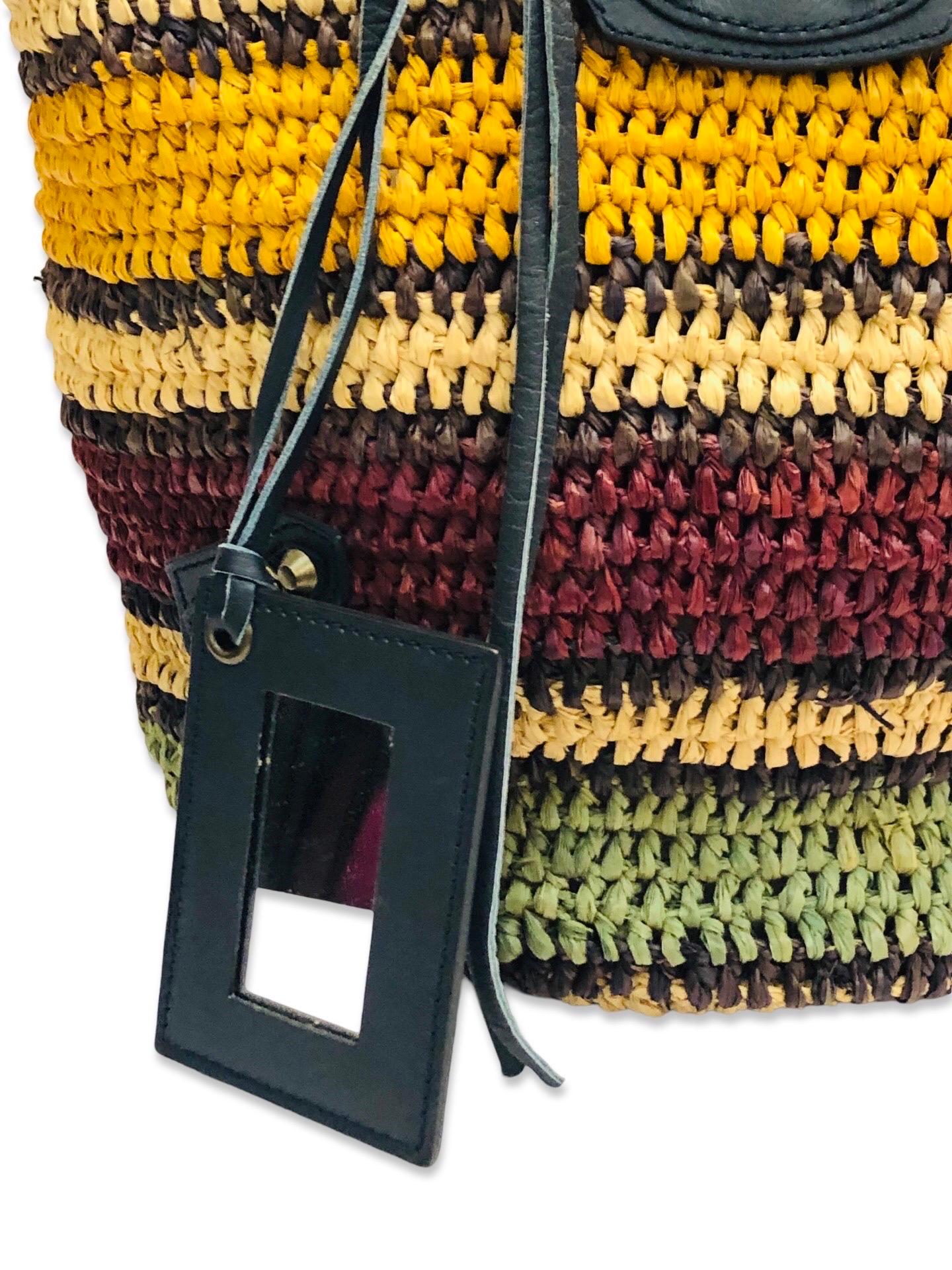 Balenciaga stripe multi colours bamboo straw motorcycle style bucket bag In Excellent Condition In Sheung Wan, HK