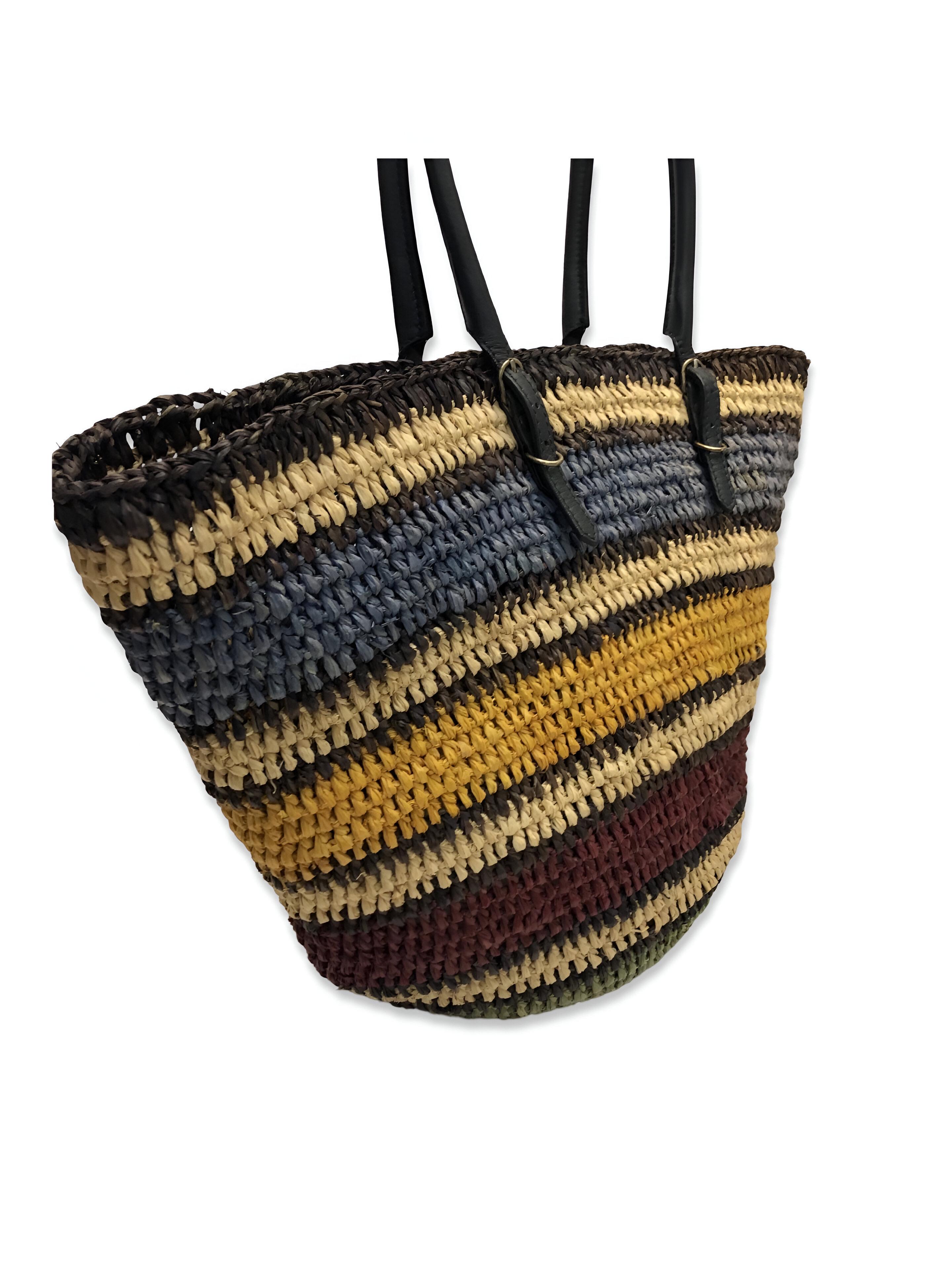 Women's or Men's Balenciaga stripe multi colours bamboo straw motorcycle style bucket bag