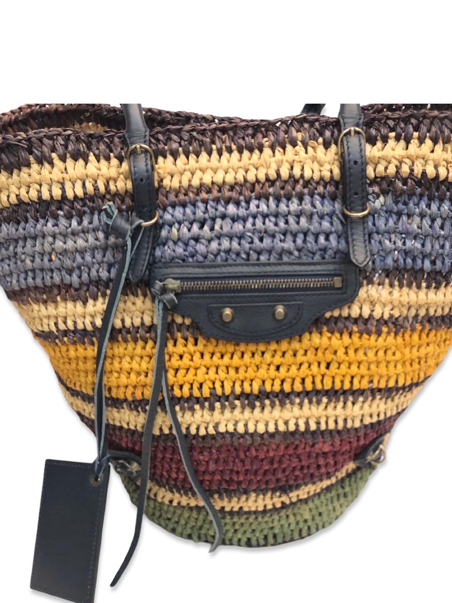 Balenciaga stripe multi colours bamboo straw motorcycle style bucket bag 3