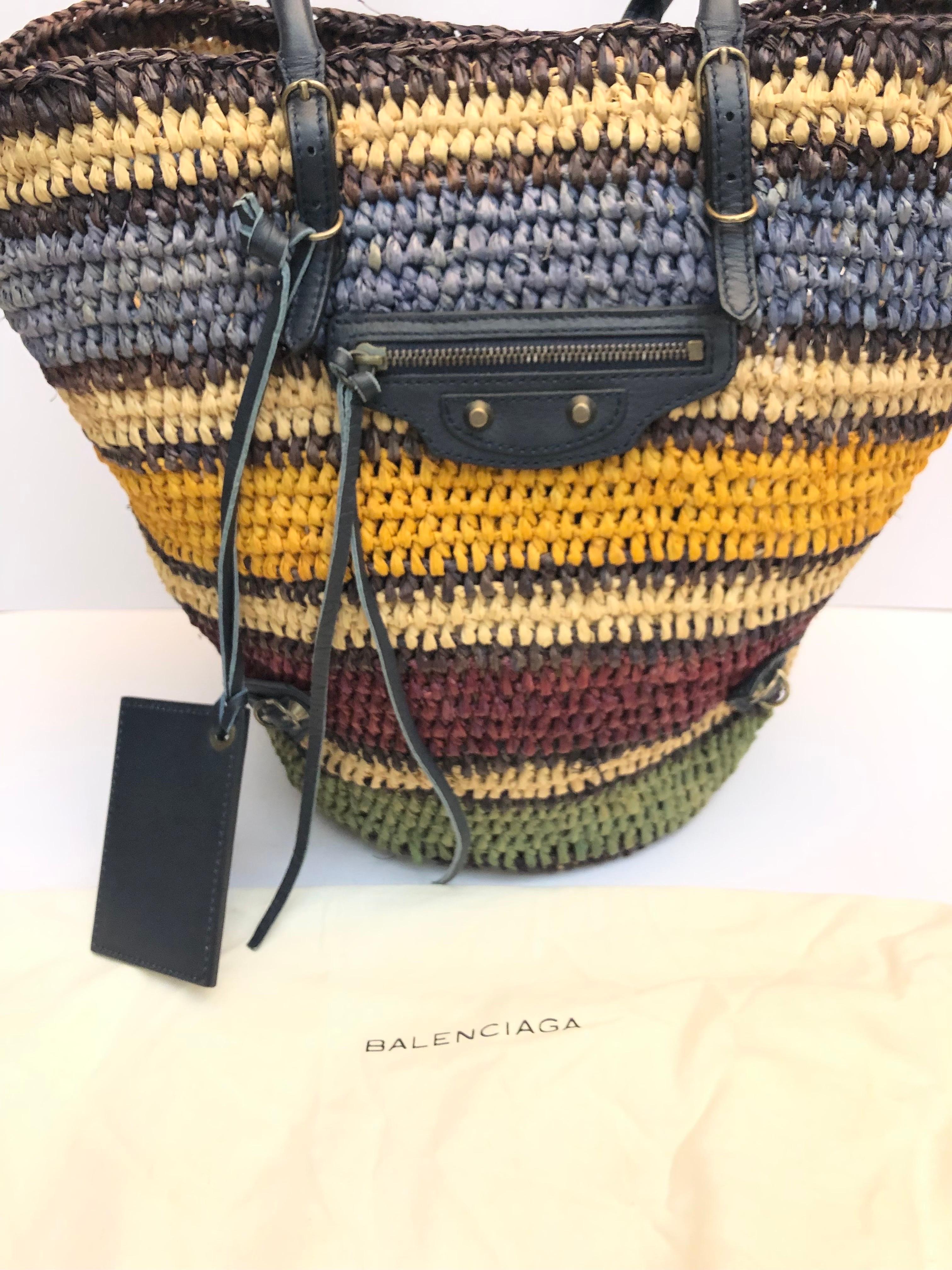 Balenciaga stripe multi colours bamboo straw motorcycle style bucket bag 4