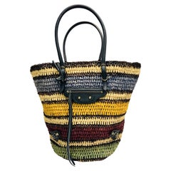 Balenciaga stripe multi colours bamboo straw motorcycle style bucket bag
