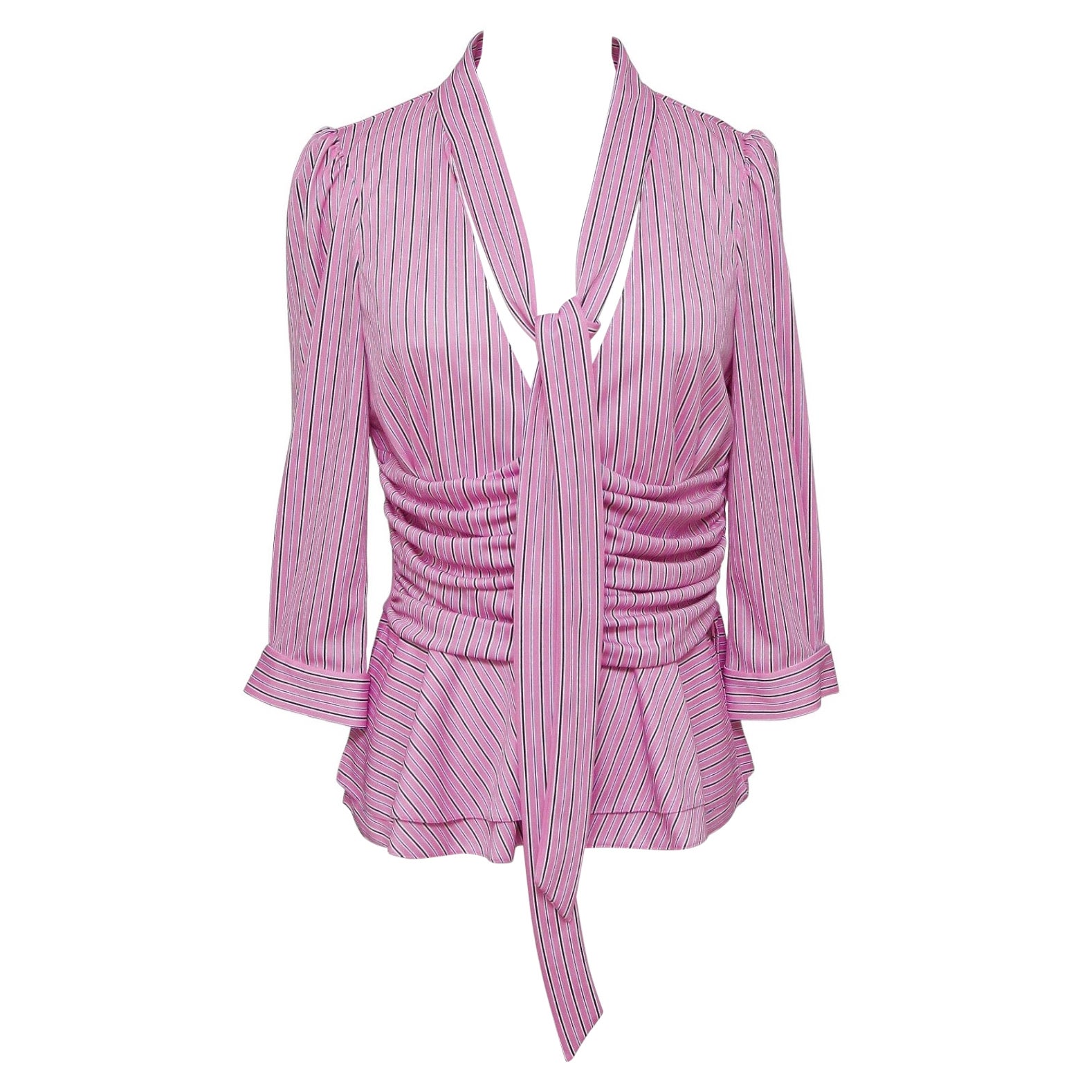 BALENCIAGA Striped Top Shirt Blouse 3/4 Sleeve Neck Tie Rose White Black 38 NWT