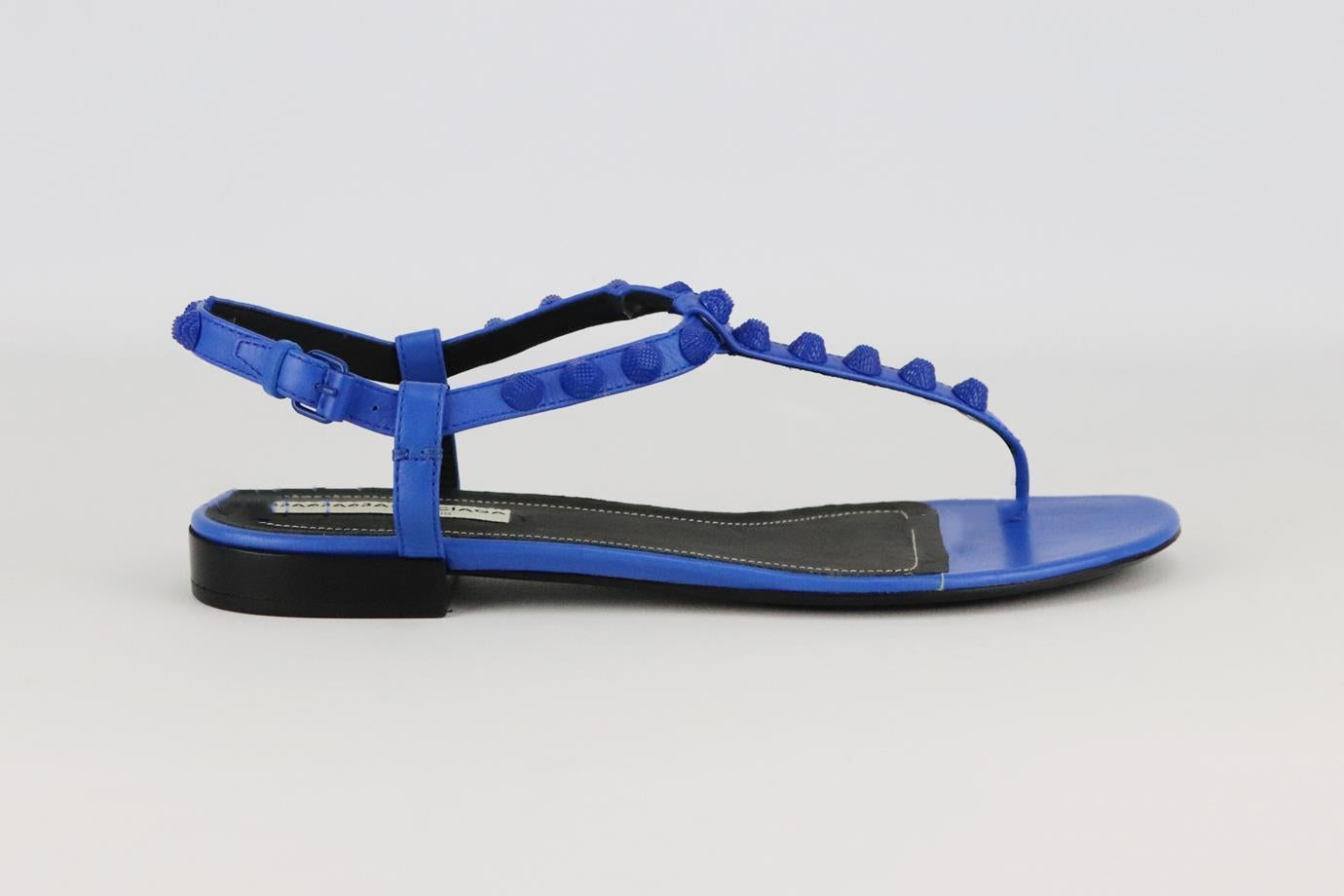 Balenciaga studded leather sandals. Blue. Buckle fastening at side. Does not come with box or dustbag. Size: EU 38.5 (UK 5.5, US 8.5). Insole: 9.6 in. Heel: 0.5 in
