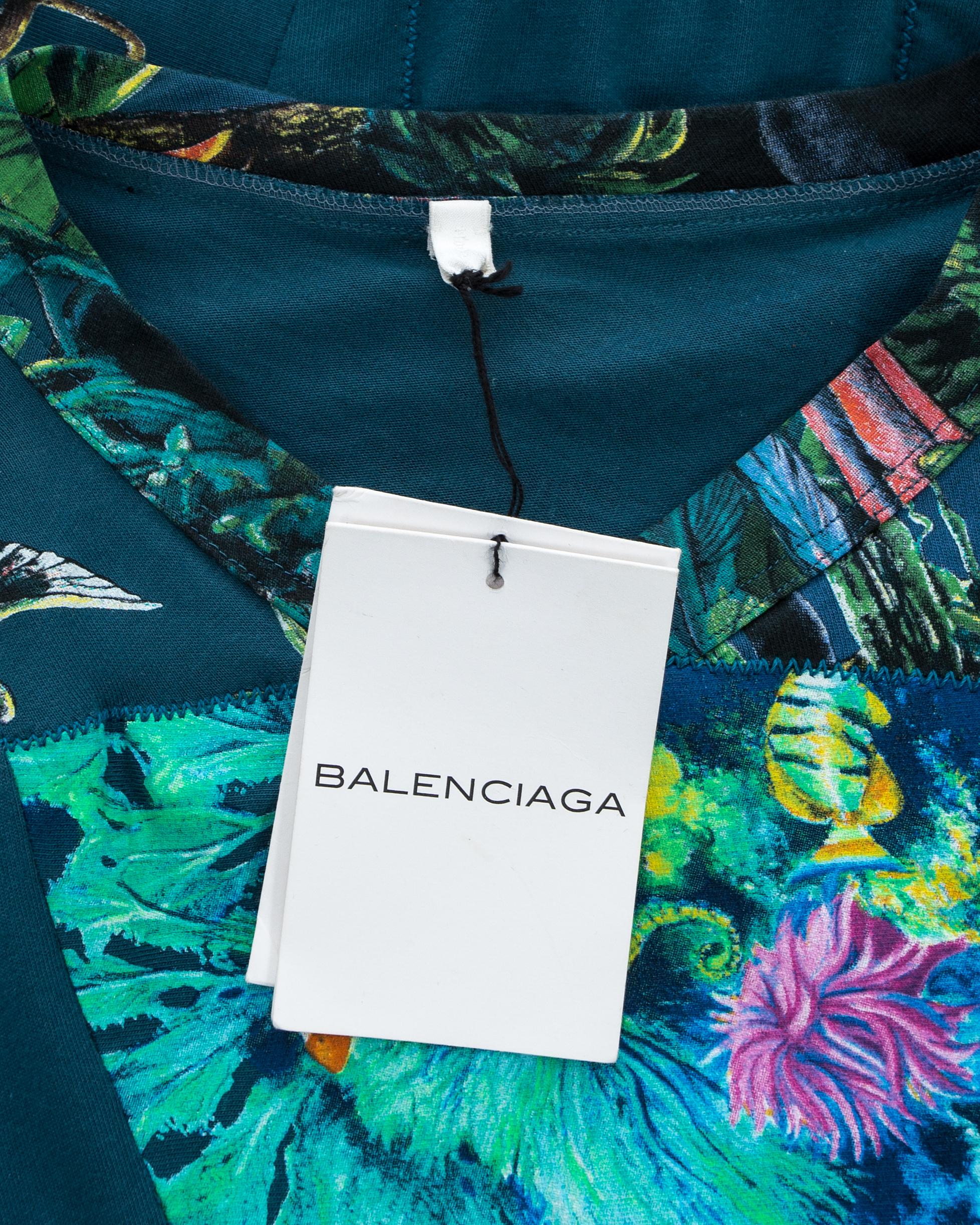Balenciaga teal cotton mini dress with aquatic and jungle themed print, ss 2003  For Sale 5