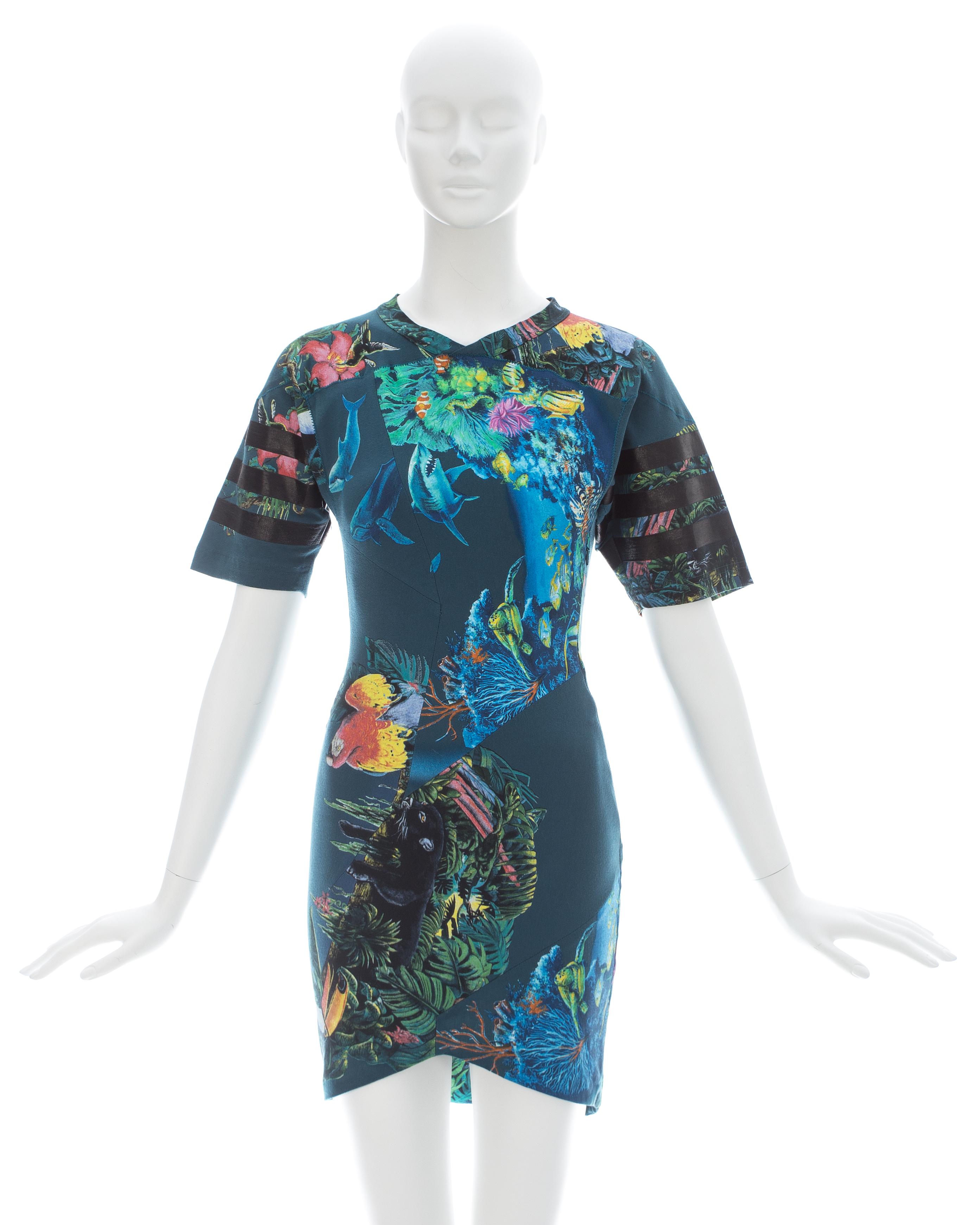 Balenciaga; Teal cotton 'scuba' mini dress with aquatic and jungle themed print 

Spring-Summer 2003