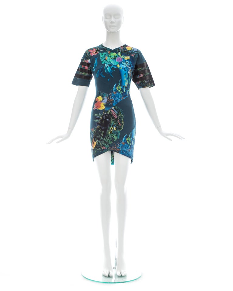 Balenciaga teal cotton mini dress with aquatic and jungle themed print ...