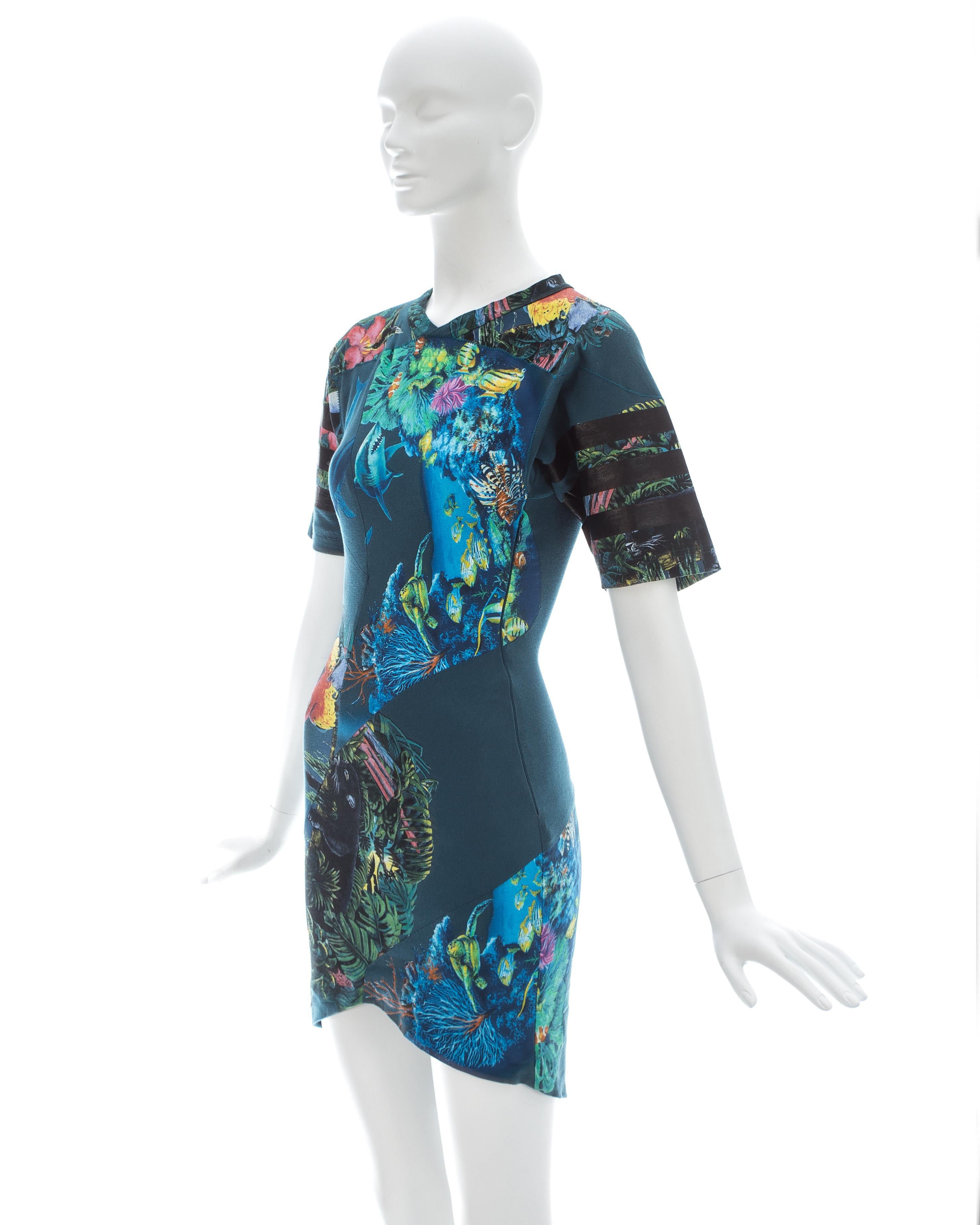 Women's Balenciaga teal cotton mini dress with aquatic and jungle themed print, ss 2003  For Sale
